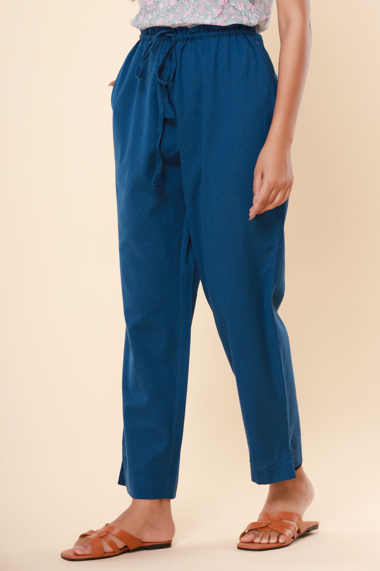 Indigo Blue Cotton Flex Straight Zipper Pants