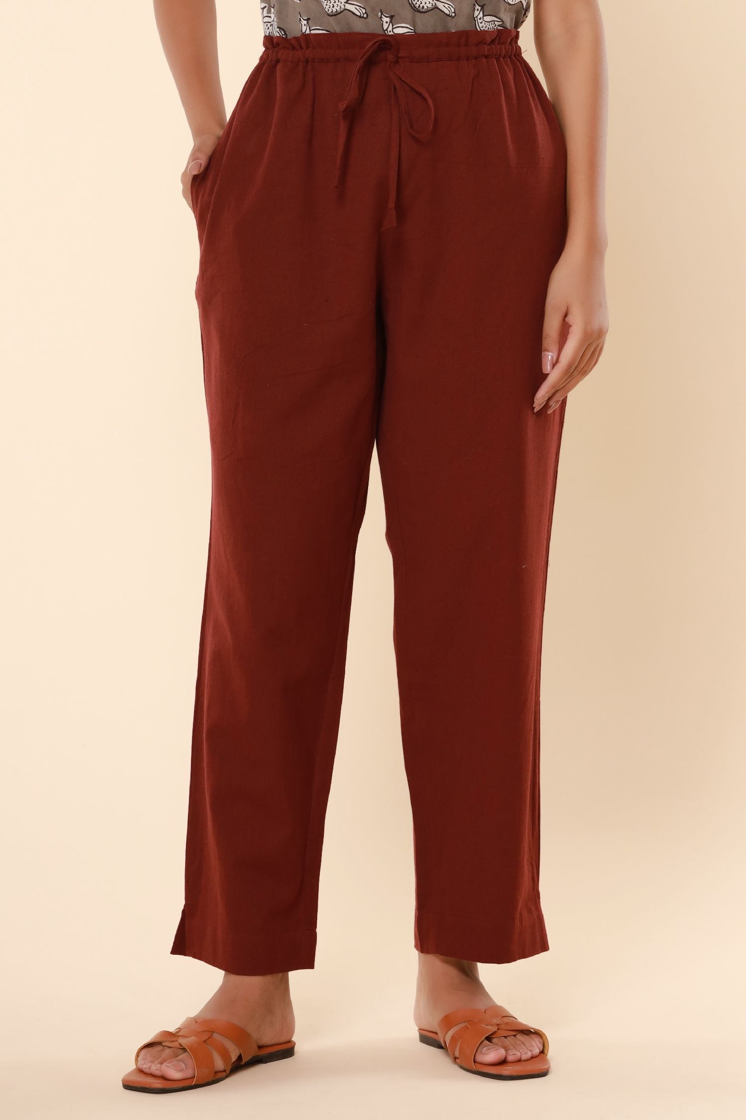 Dark Maroon Cotton Flex Straight Zipper Pants