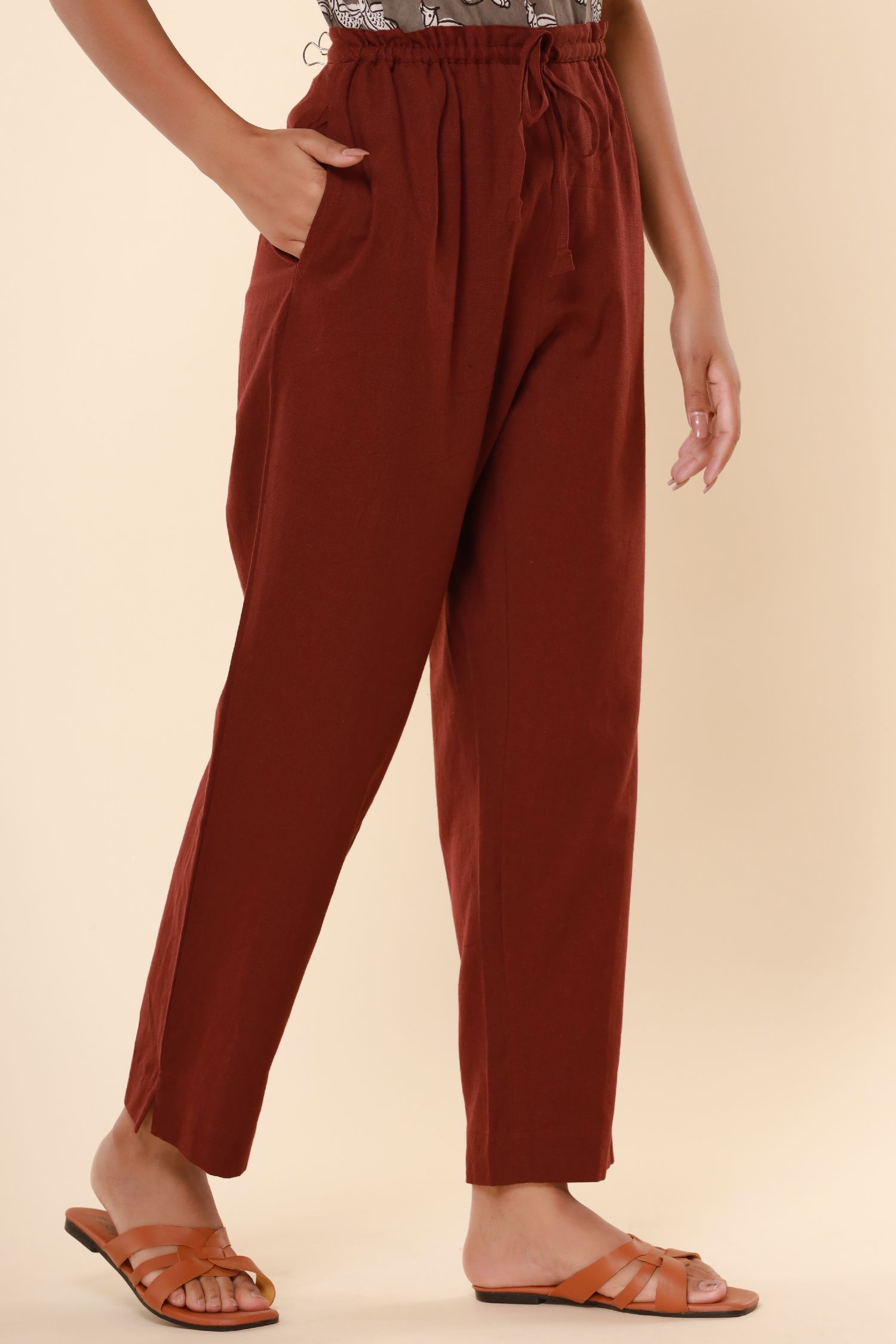 Dark Maroon Cotton Flex Straight Zipper Pants