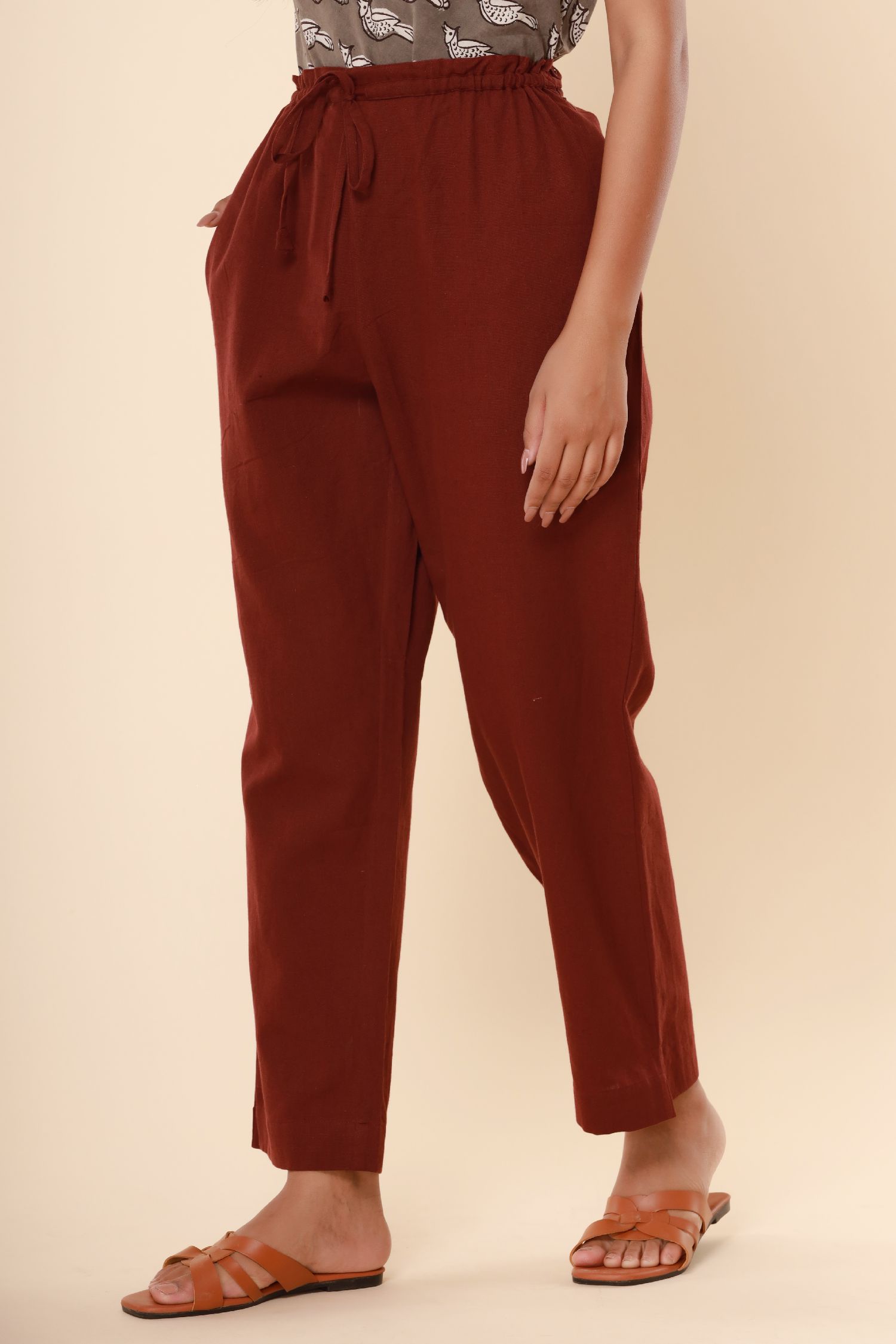 Dark Maroon Cotton Flex Straight Zipper Pants