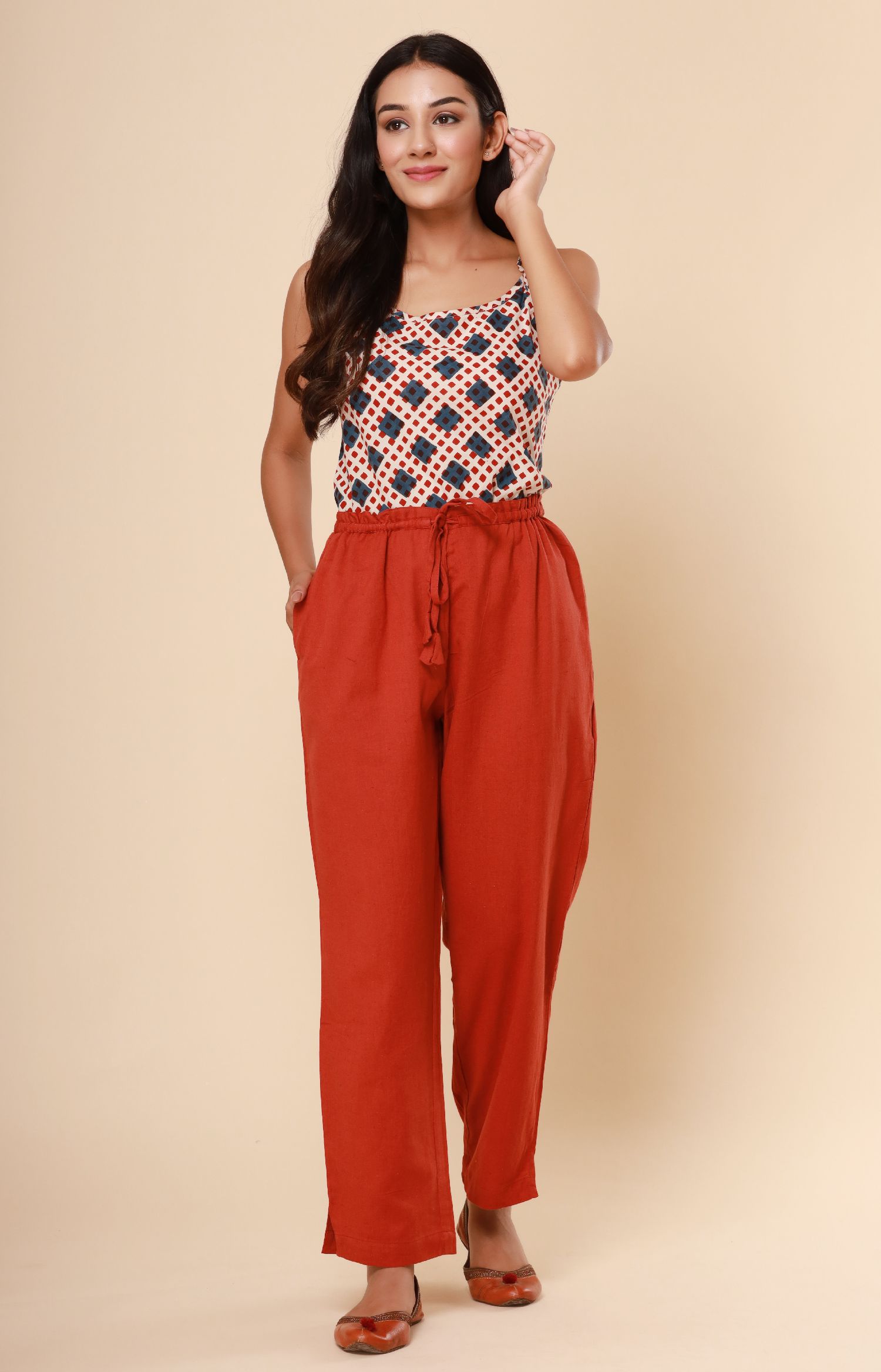 Brick Red Cotton Flex Straight Zipper Pants