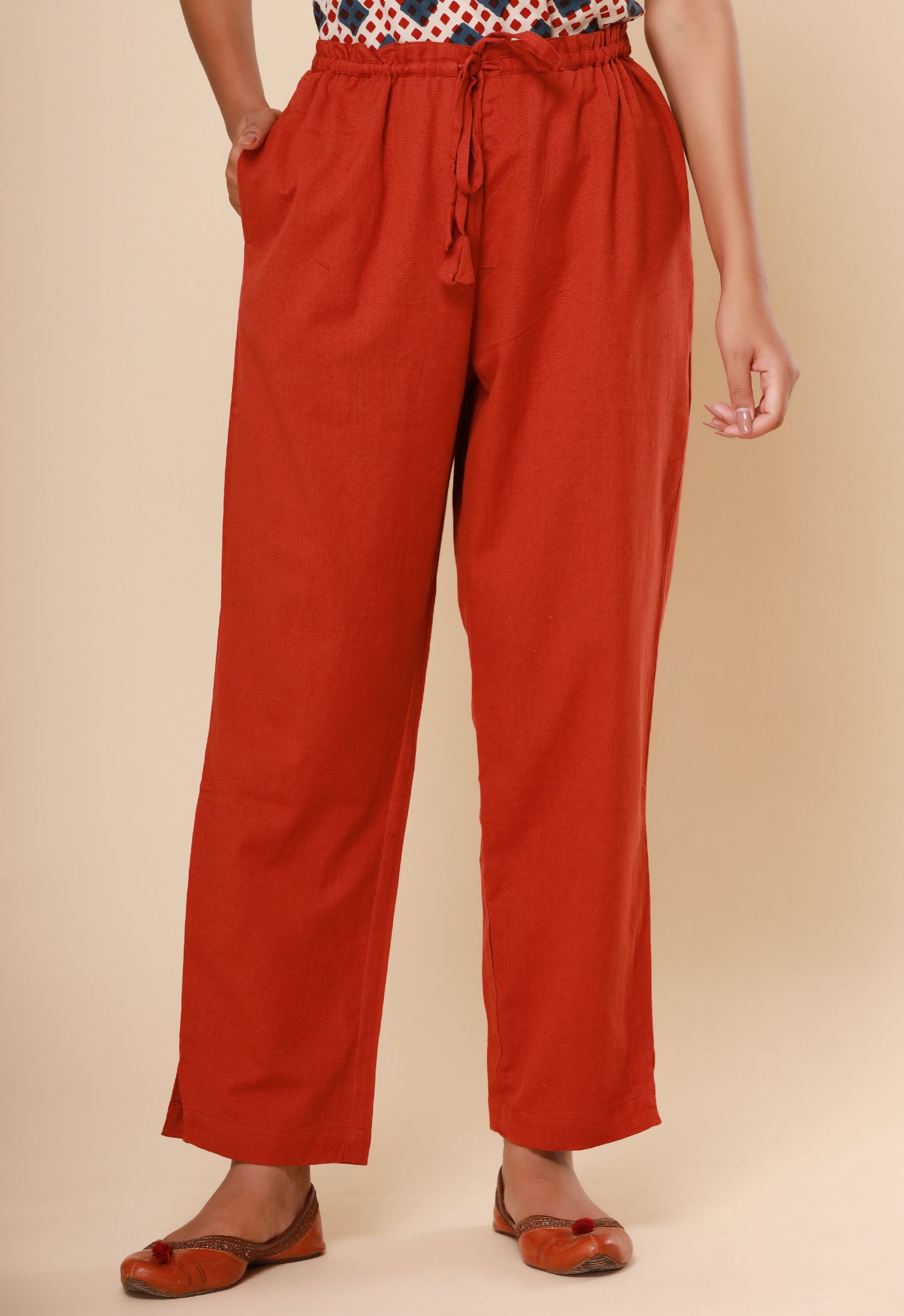 Brick Red Cotton Flex Straight Zipper Pants