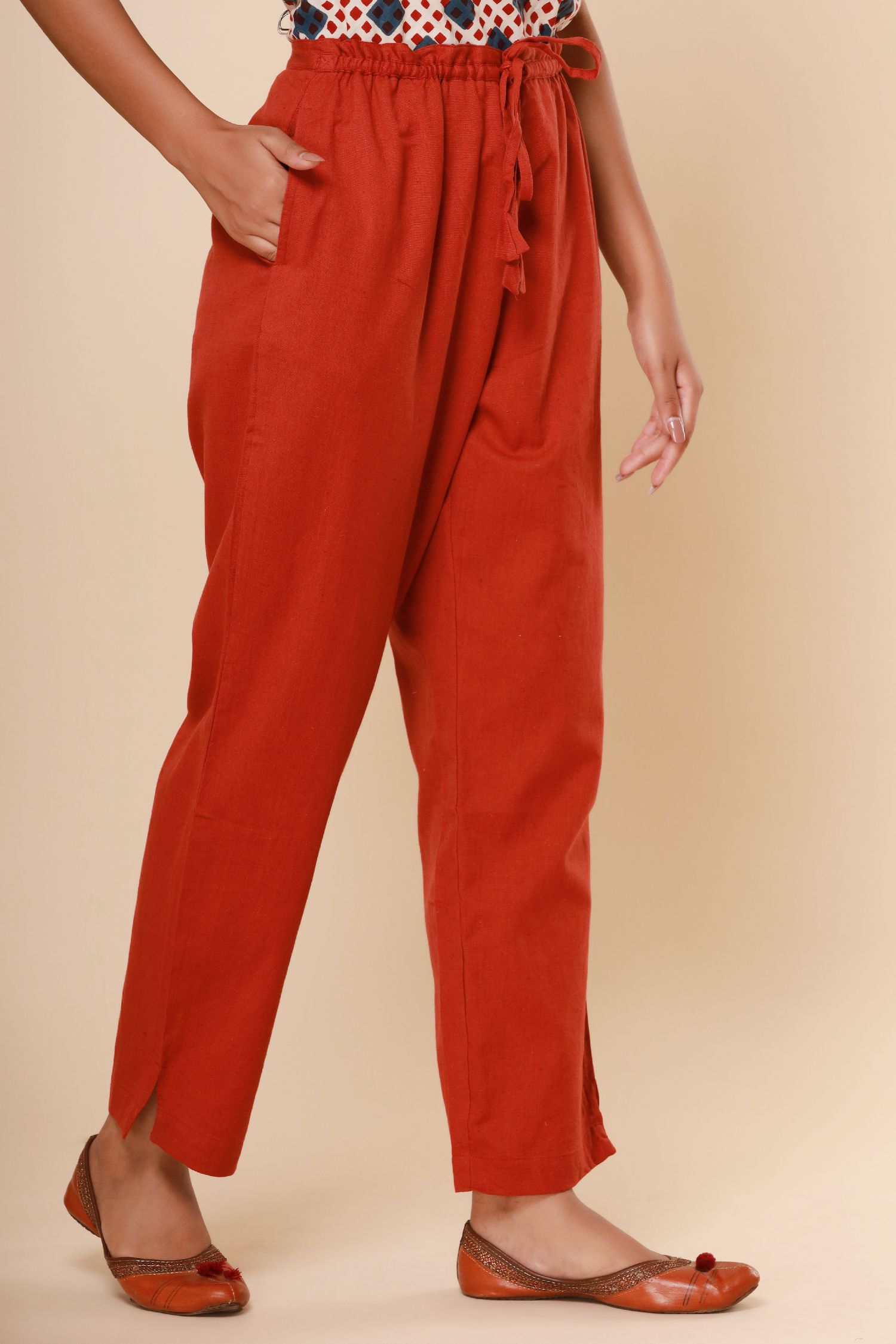 Brick Red Cotton Flex Straight Zipper Pants