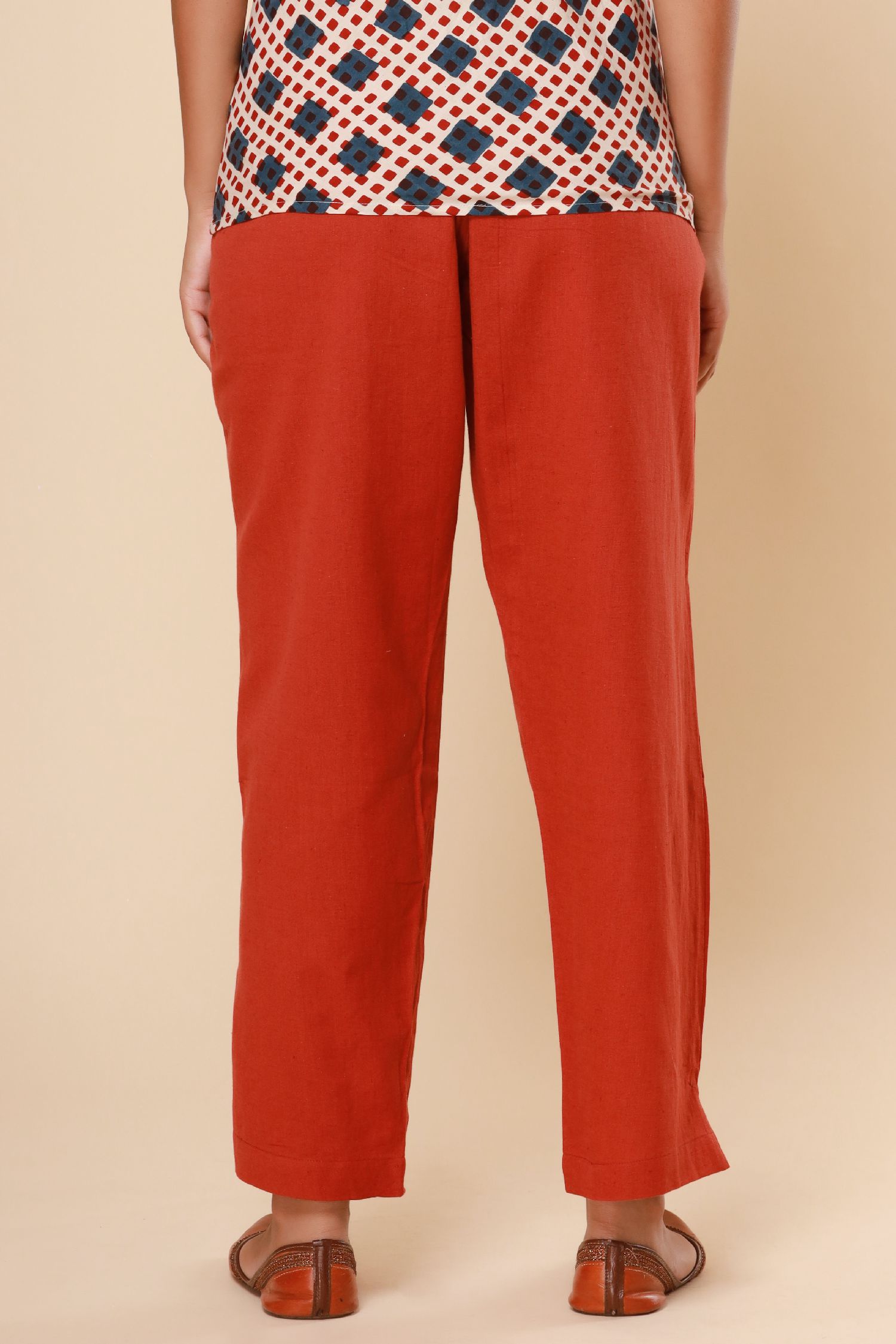 Brick Red Cotton Flex Straight Zipper Pants