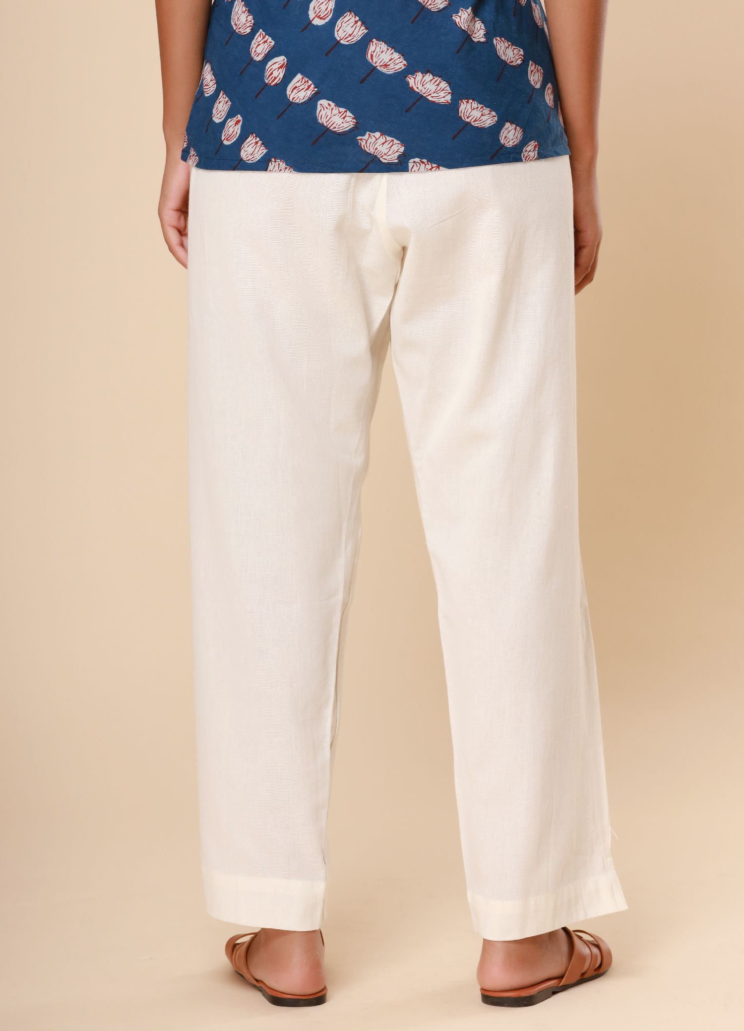 Cream White Cotton Flex Straight Zipper Pants