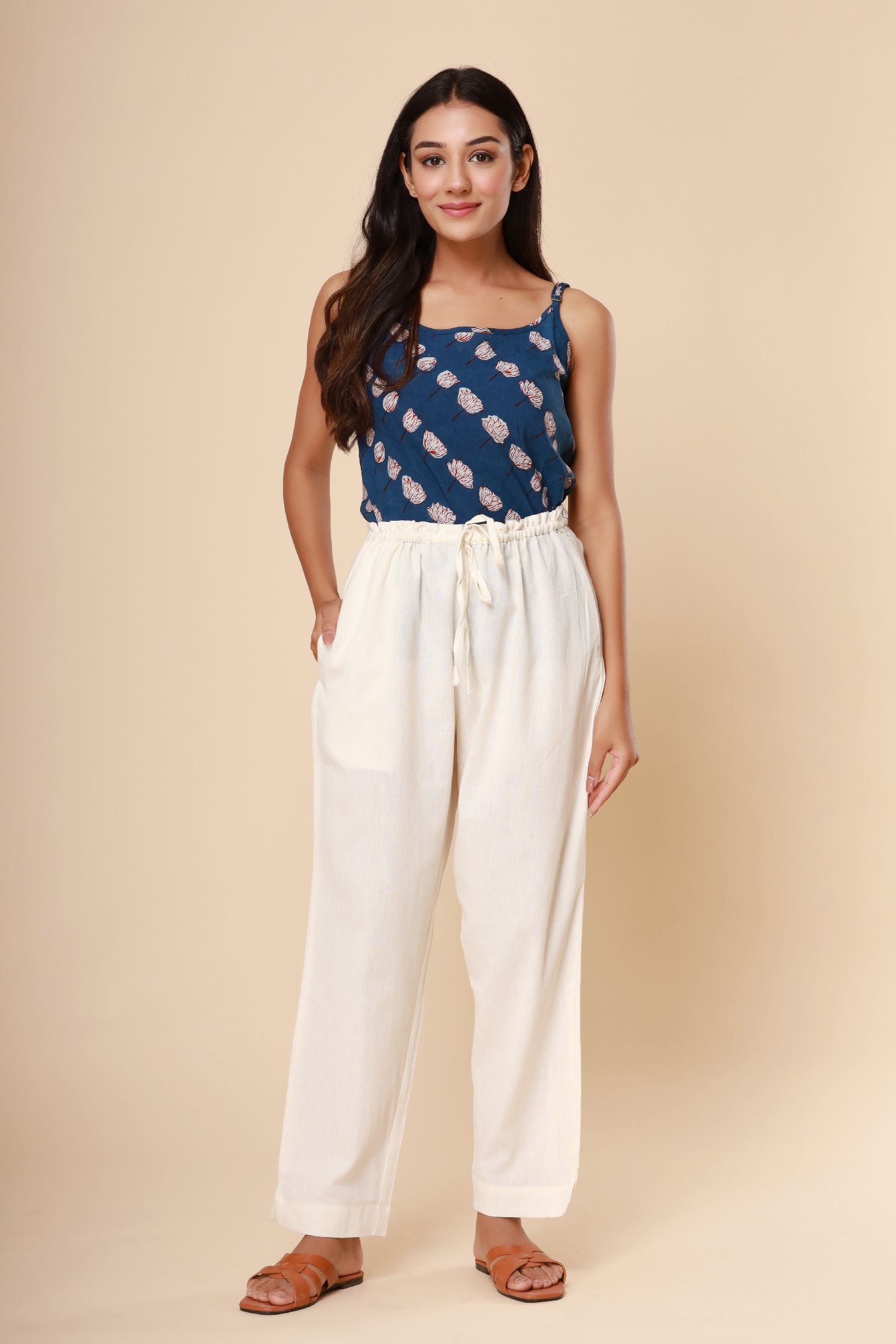 Cream White Cotton Flex Straight Zipper Pants