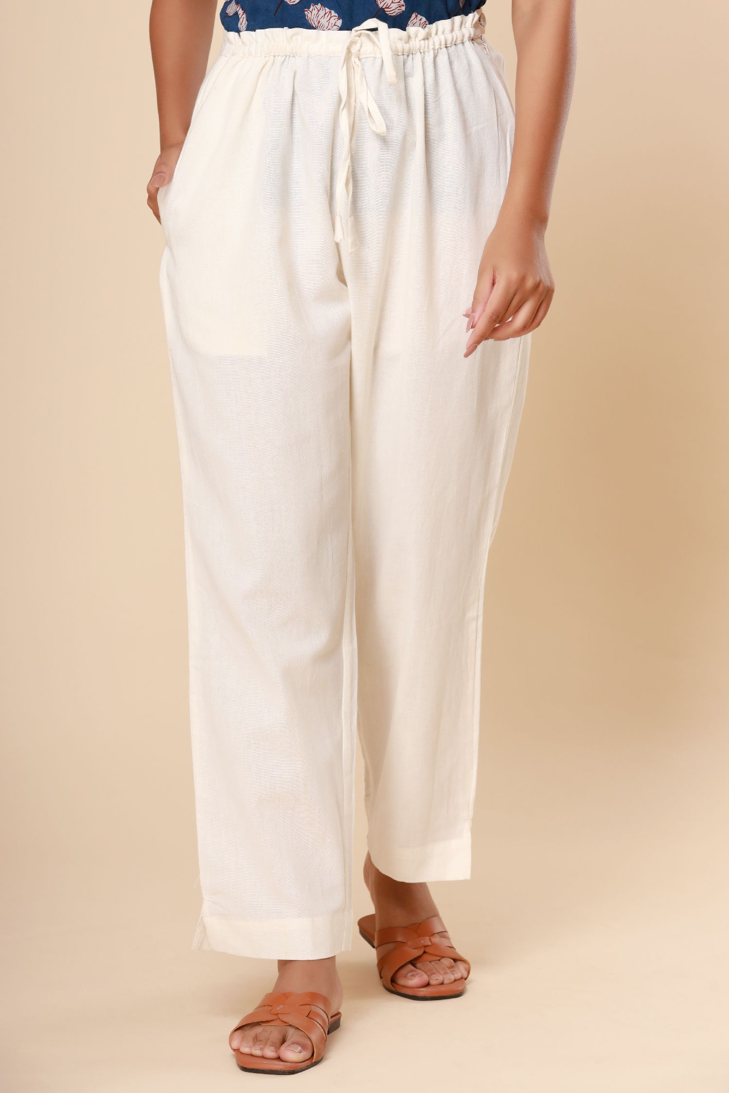 Cream White Cotton Flex Straight Zipper Pants