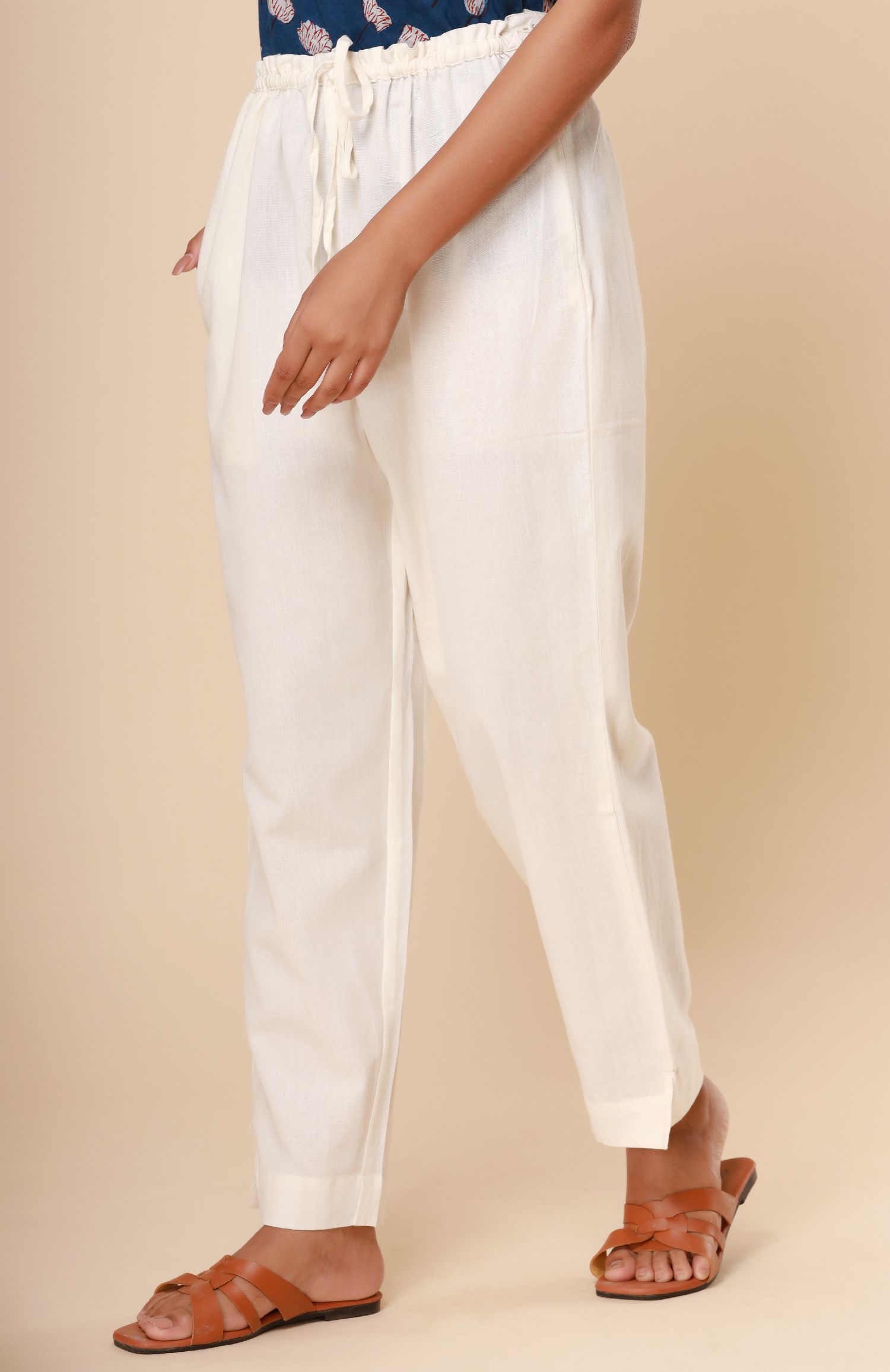 Cream White Cotton Flex Straight Zipper Pants