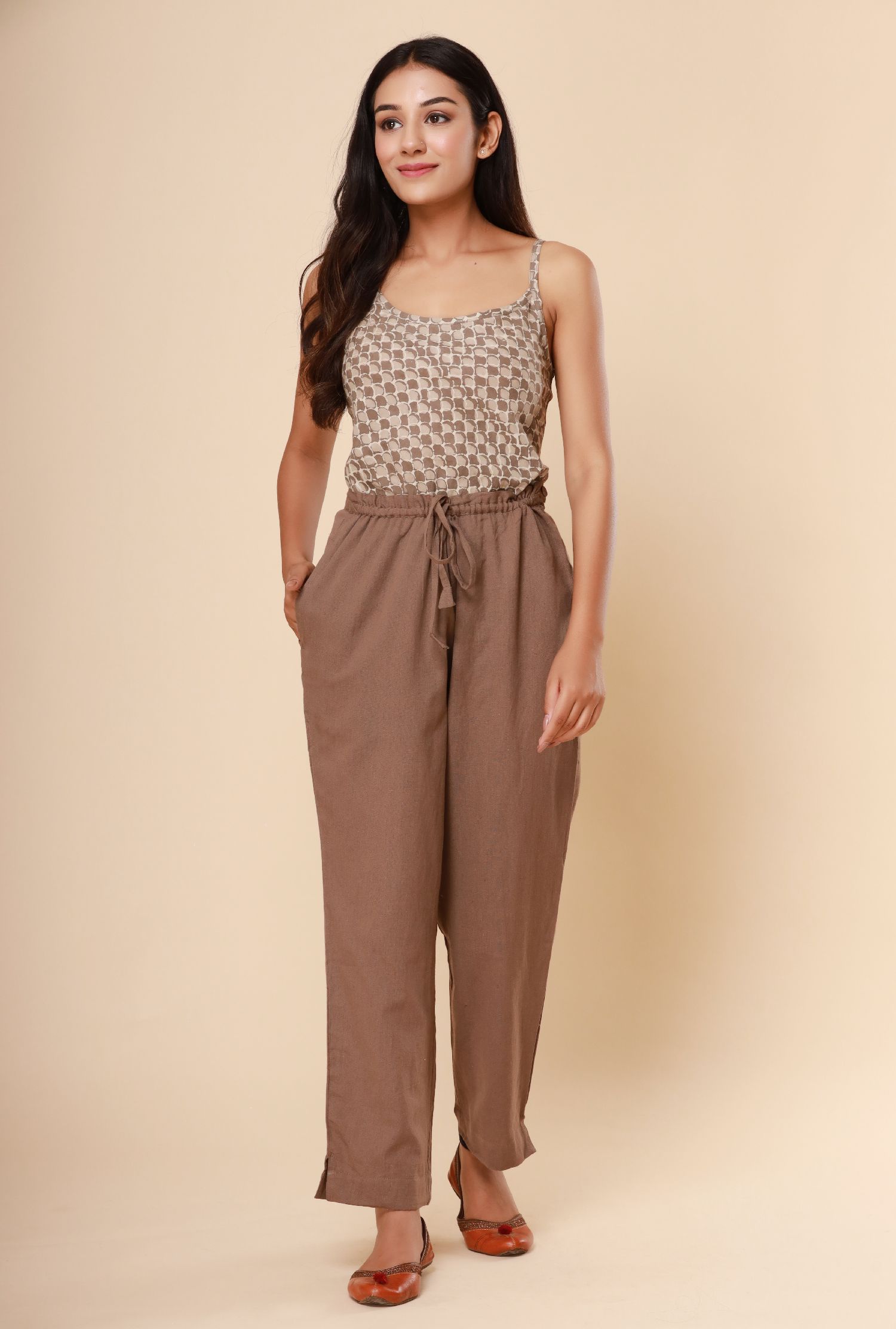 Bagru Brownish Grey Cotton Flex Straight Zipper Pants