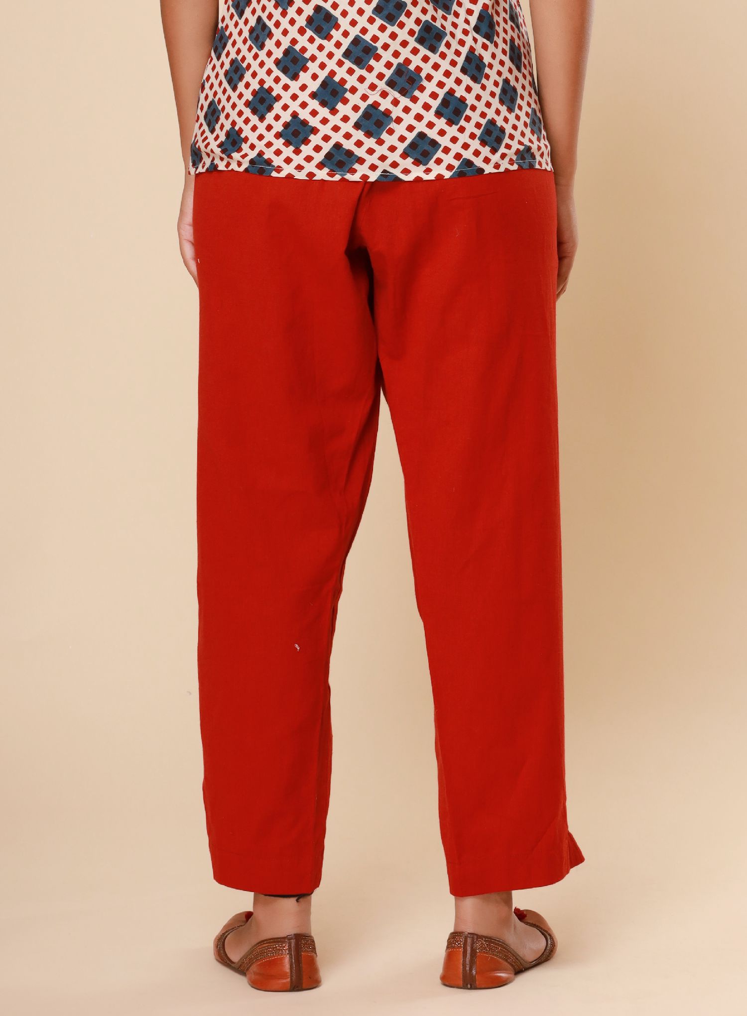 Bagru Red Cotton Flex Straight Zipper Pants