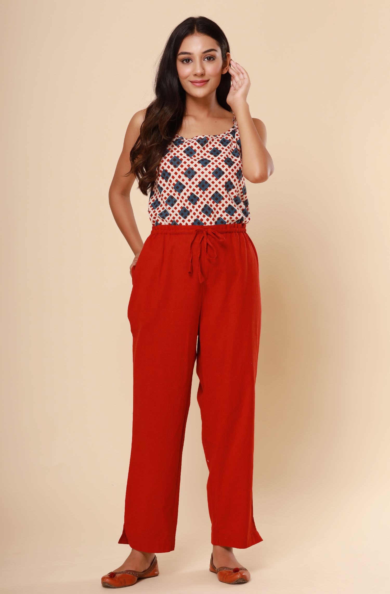 Bagru Red Cotton Flex Straight Zipper Pants