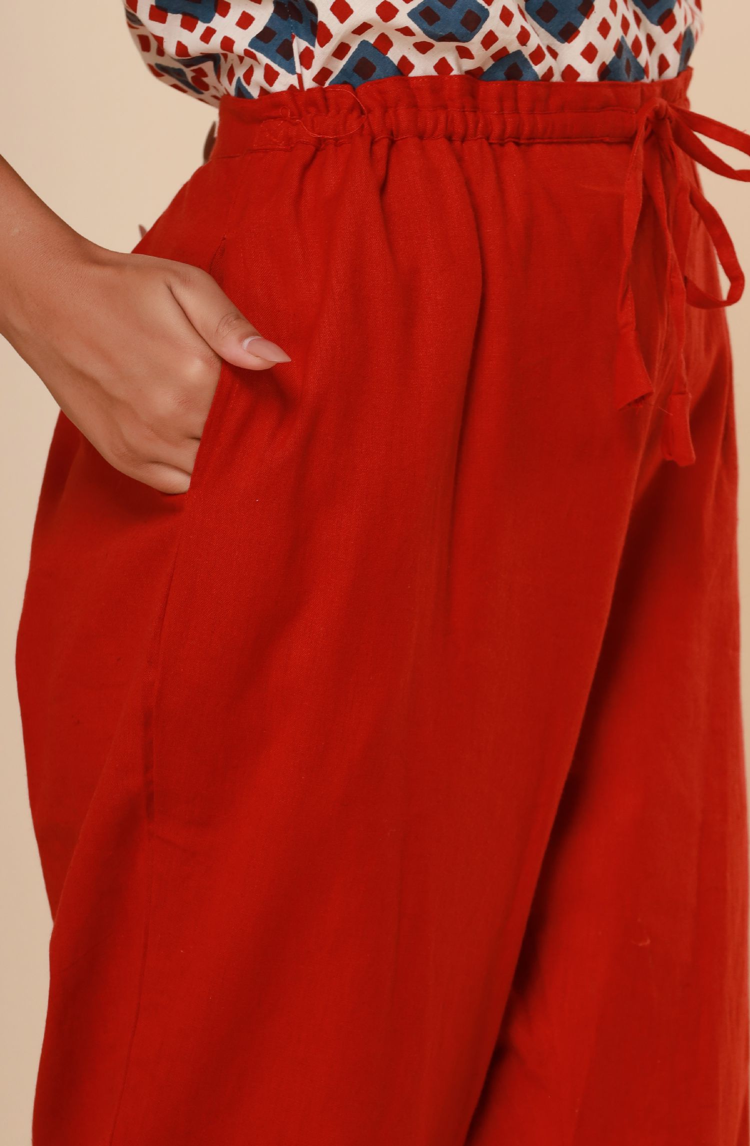 Bagru Red Cotton Flex Straight Zipper Pants