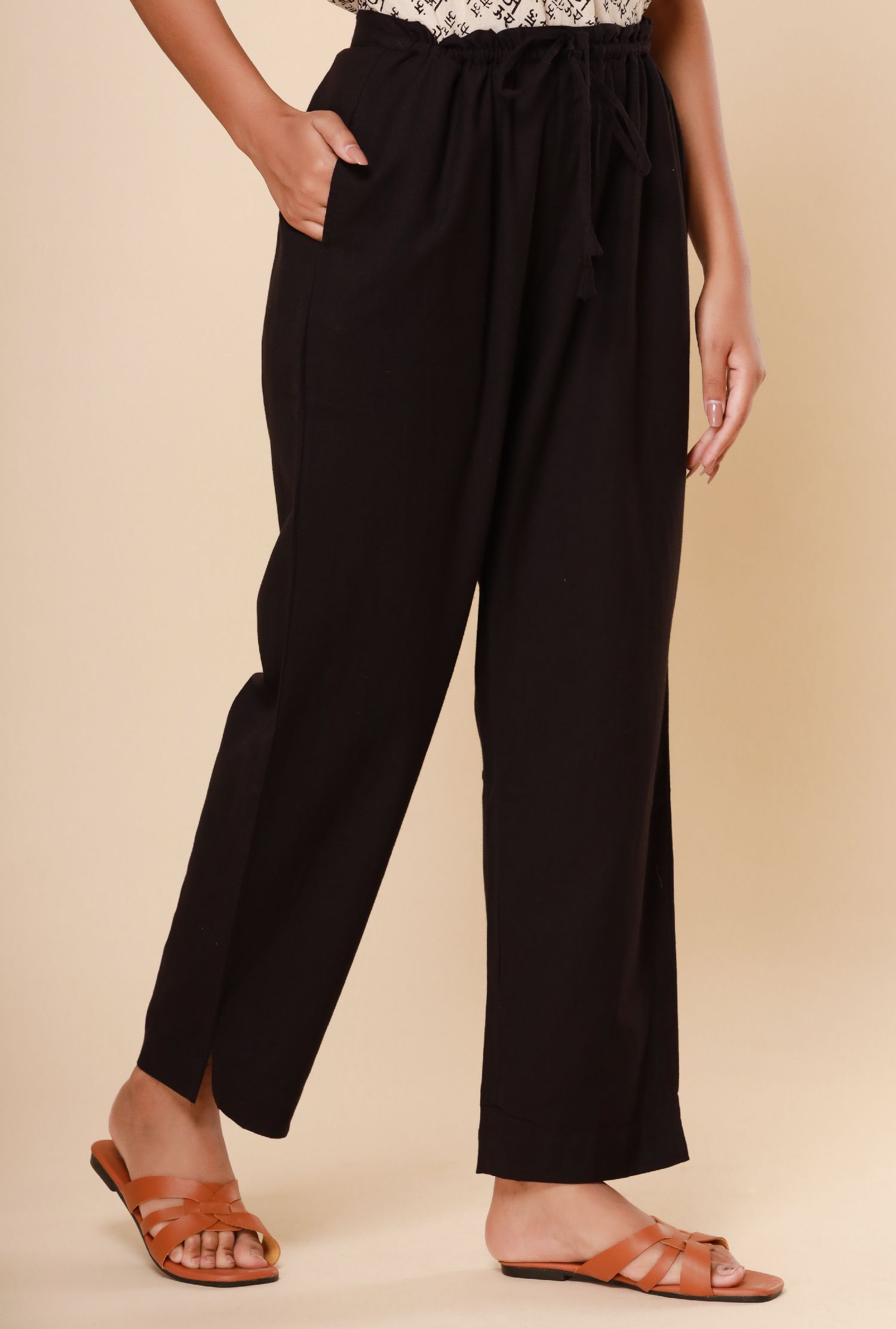 Black Cotton Flex Straight Zipper Pants