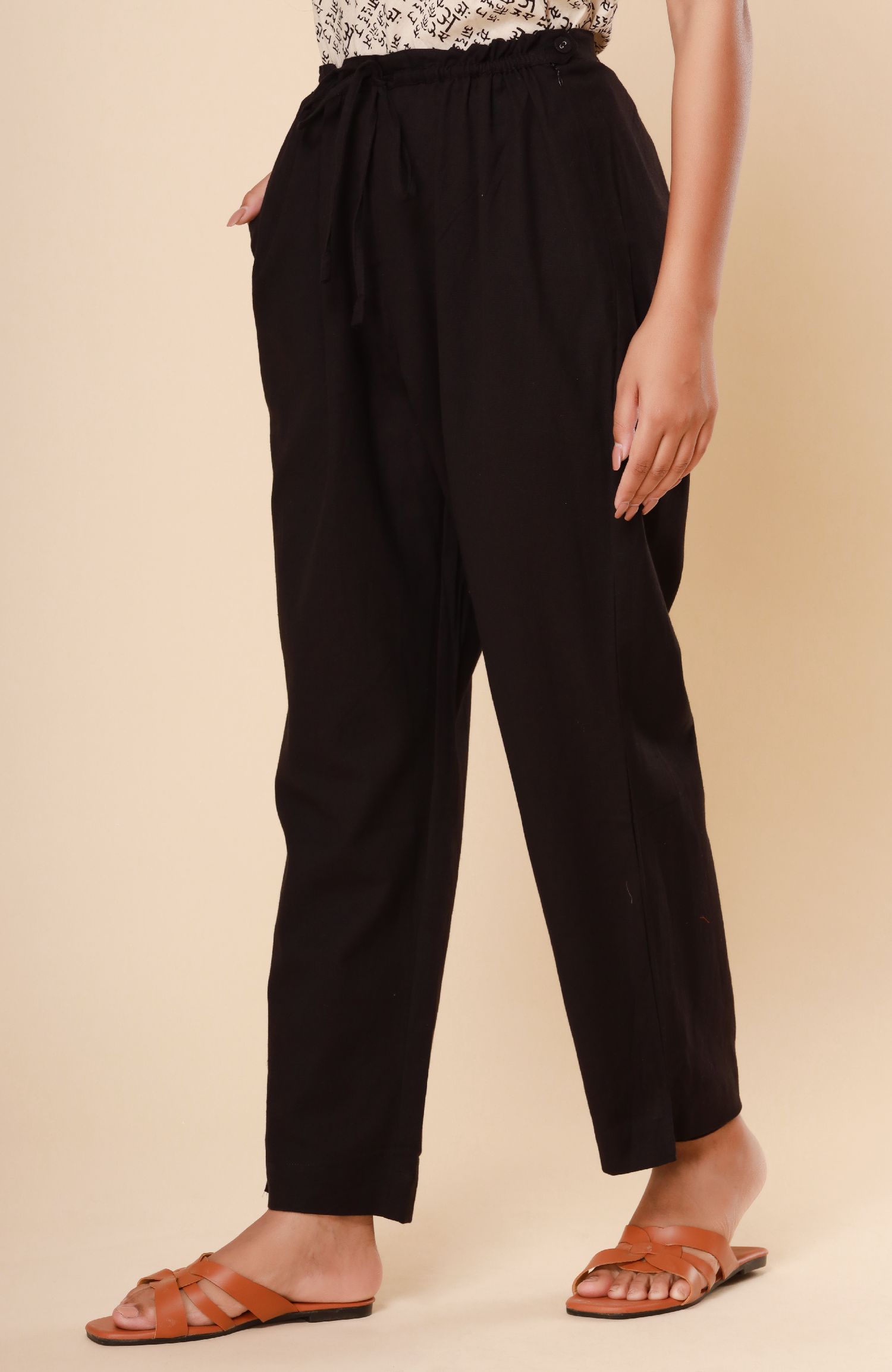 Black Cotton Flex Straight Zipper Pants