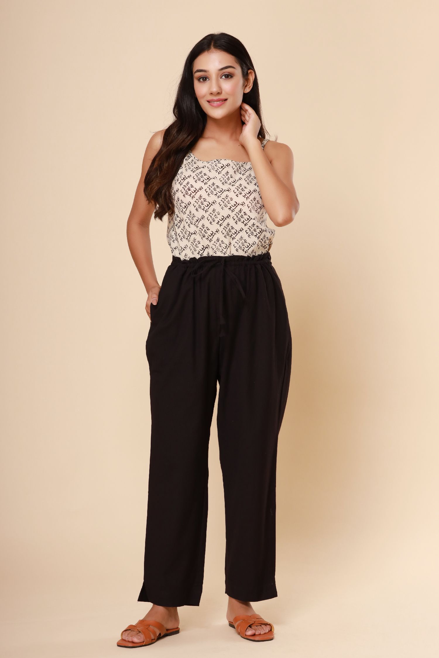 Black Cotton Flex Straight Zipper Pants