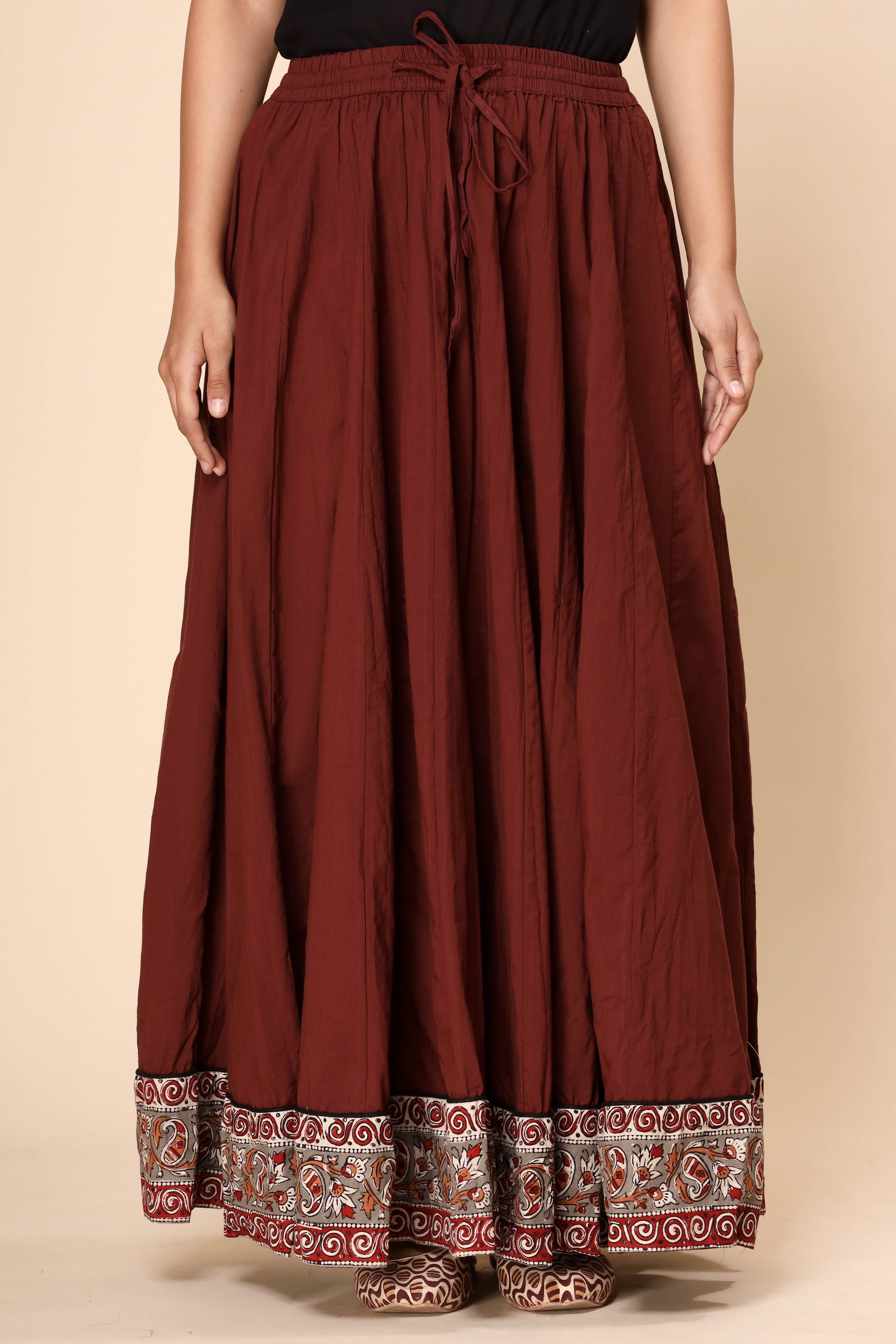 Plain Dyed Brown with Kalamkari Border Crinkled Cotton 28 Kali Kalidaar Skirt