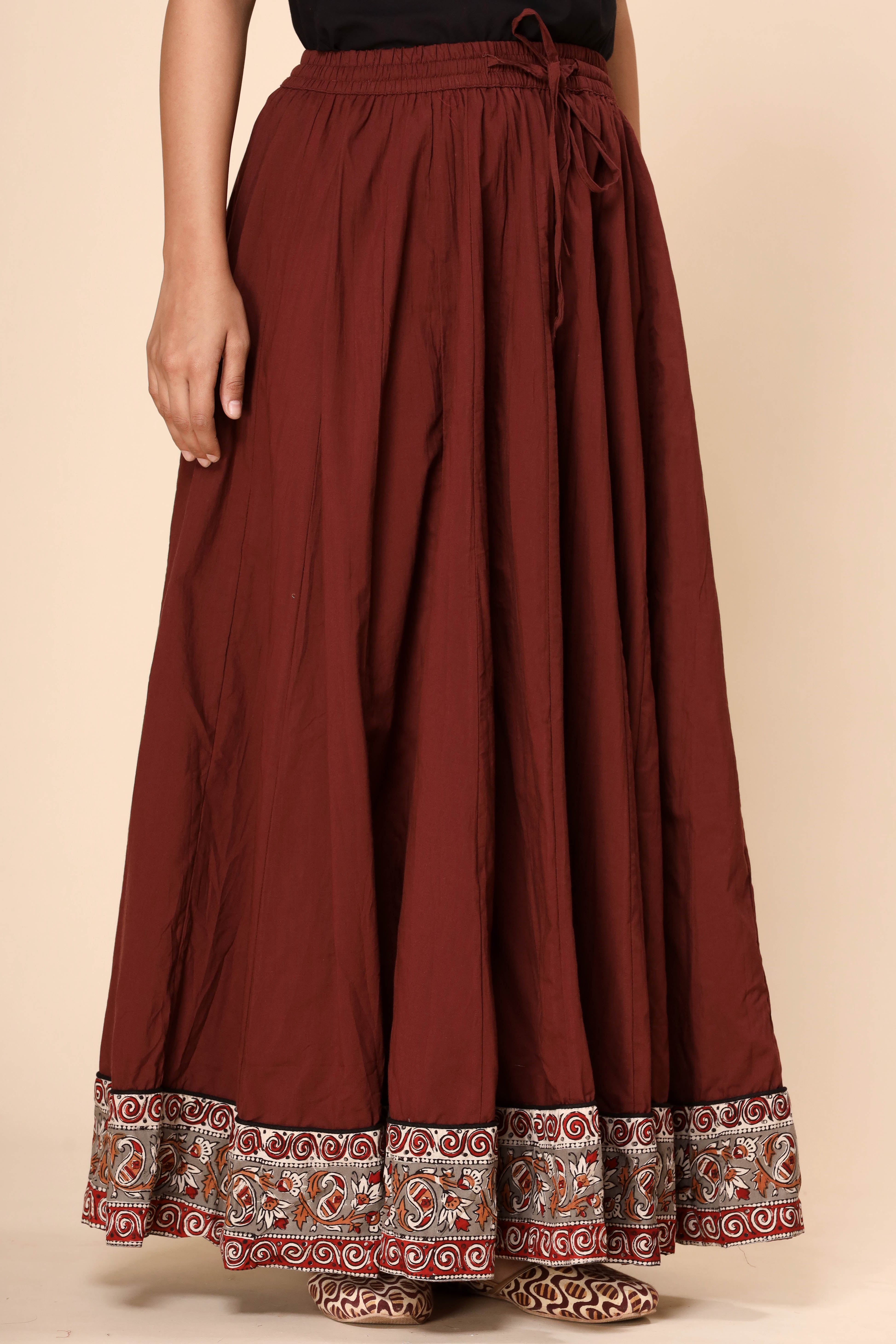 Plain Dyed Brown with Kalamkari Border Crinkled Cotton 28 Kali Kalidaar Skirt