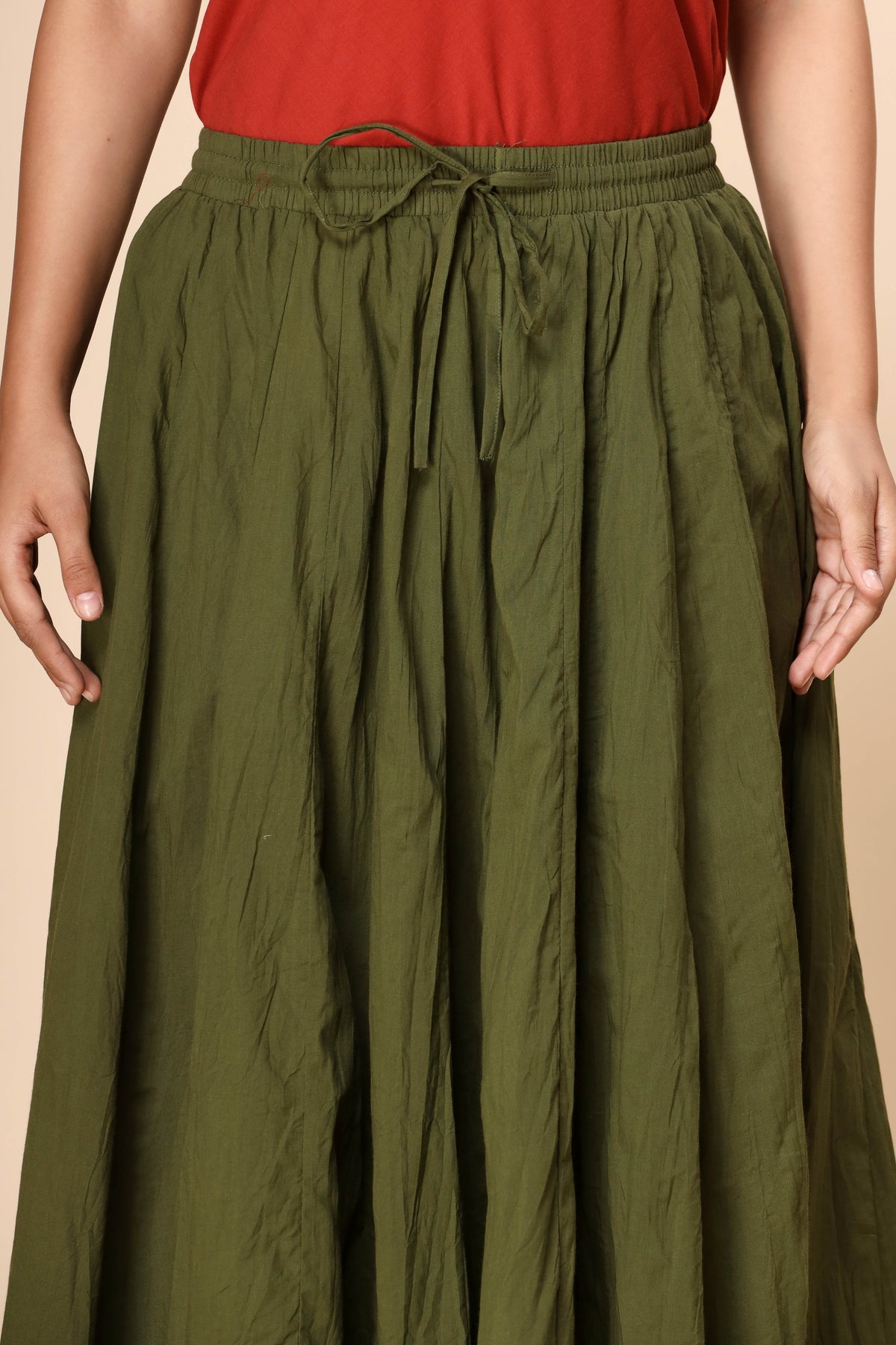 Plain Dyed Mehendi Green with Kalamkari Border Crinkled Cotton 28 Kali Kalidaar Skirt