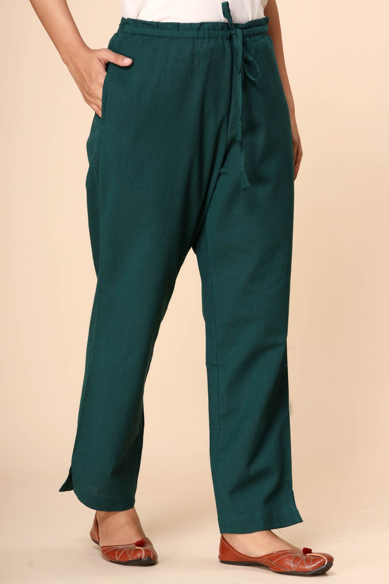 Dark Green Cotton Flex Straight Zipper Pants