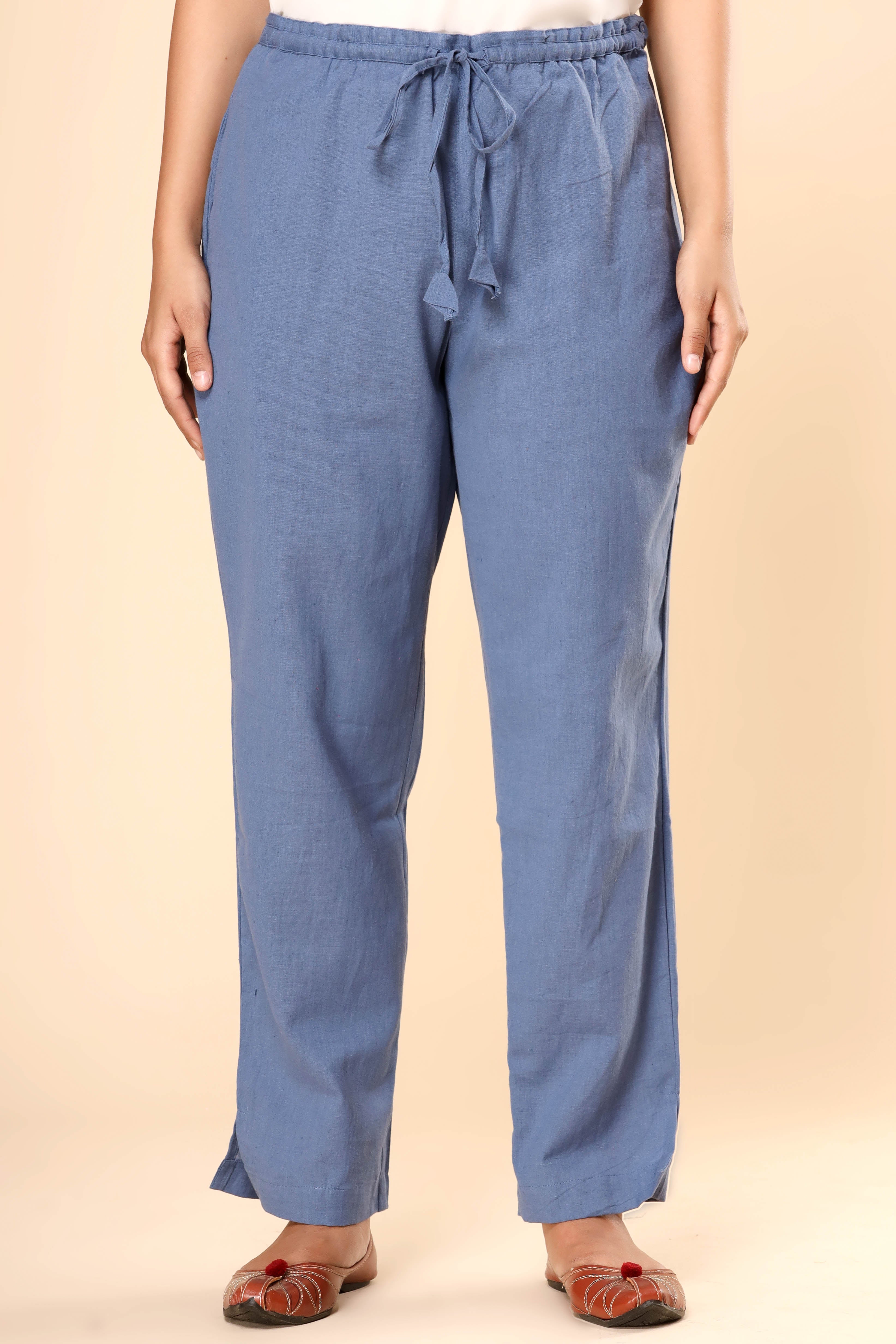 Rustic Blue Cotton Flex Straight Zipper Pants