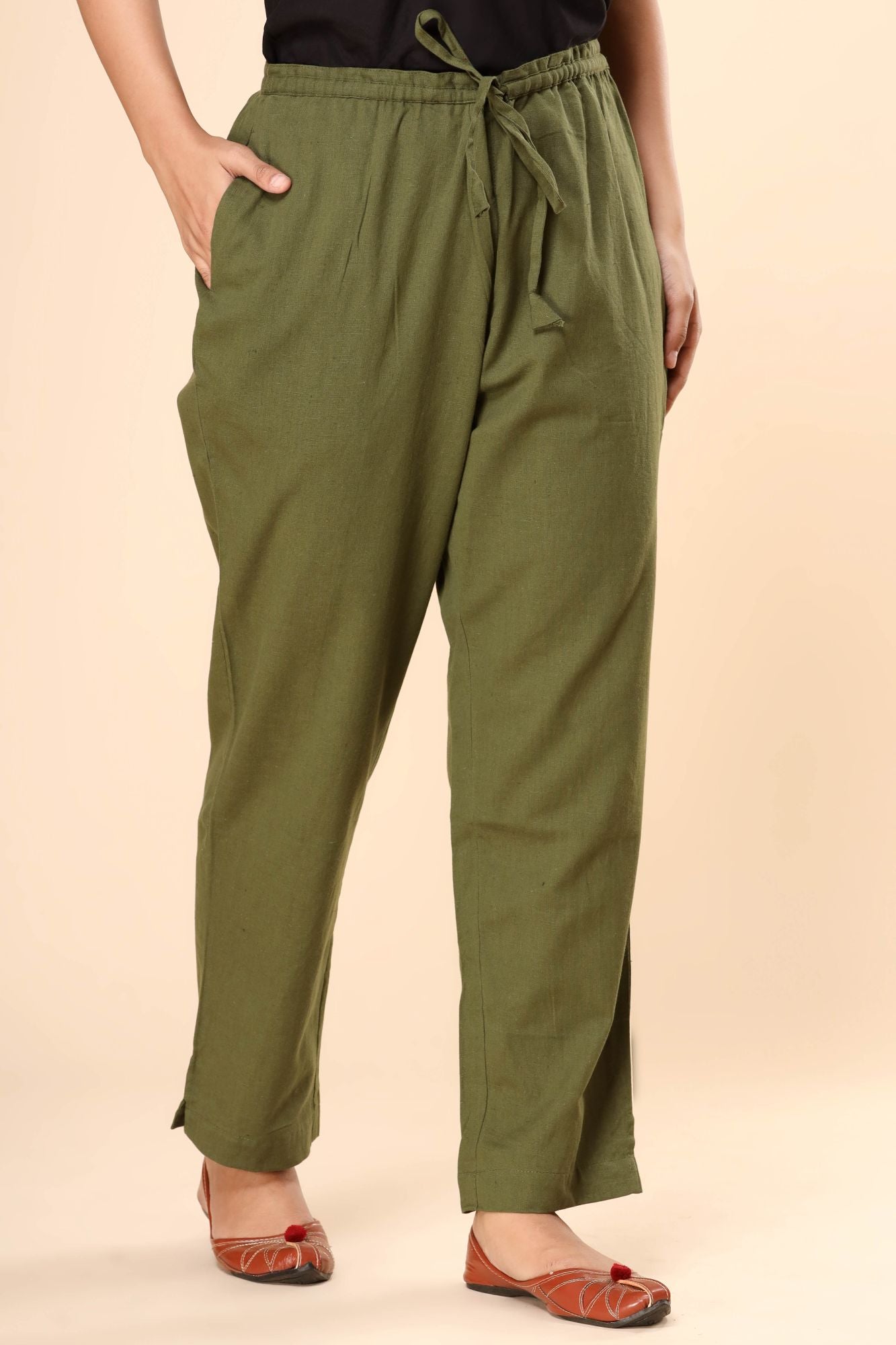 Olive Green Cotton Flex Straight Zipper Pants