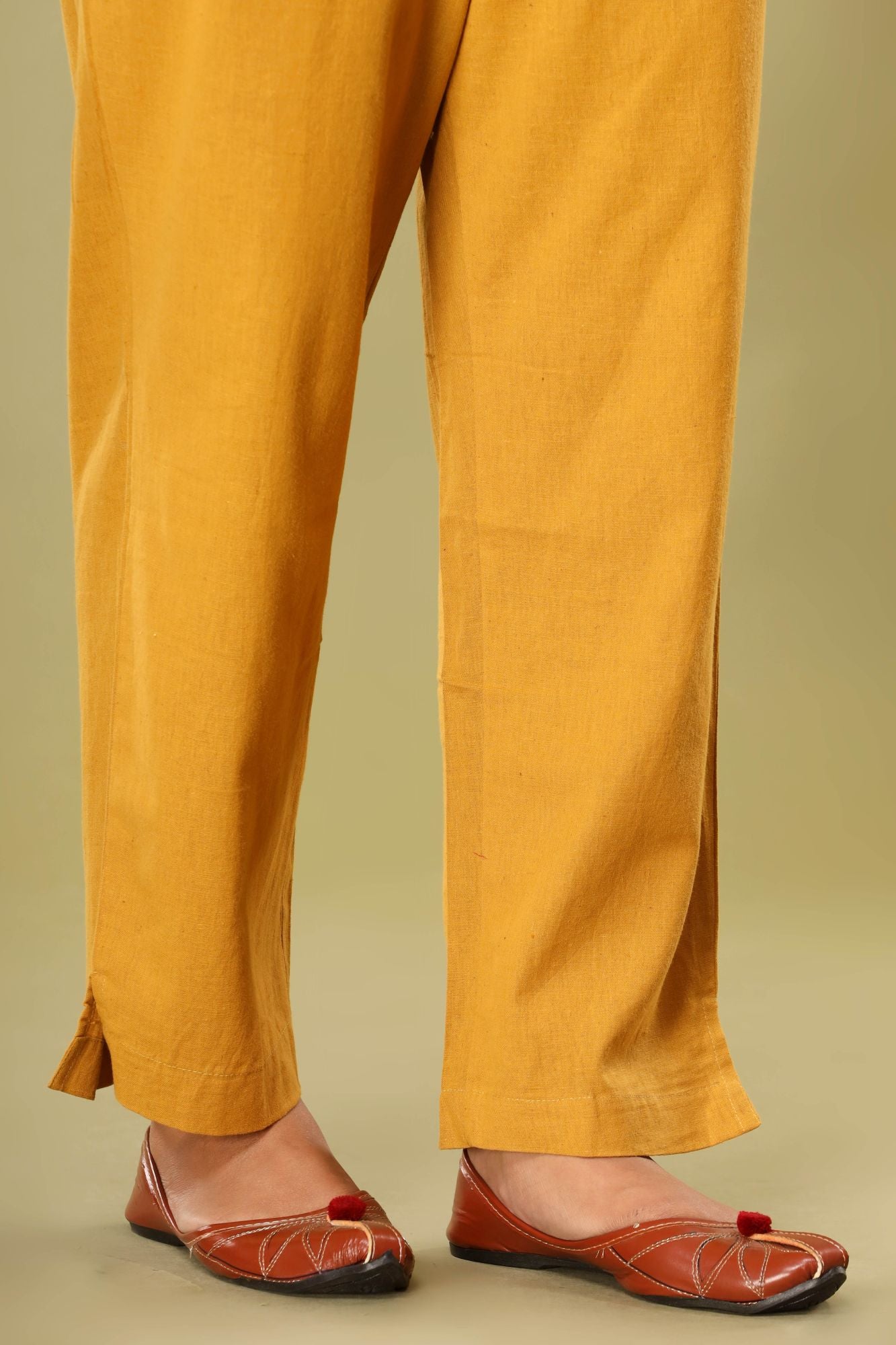 Cotton linen detail print dusty yellow kurta pant set - Set of 2 -  indiefabstore