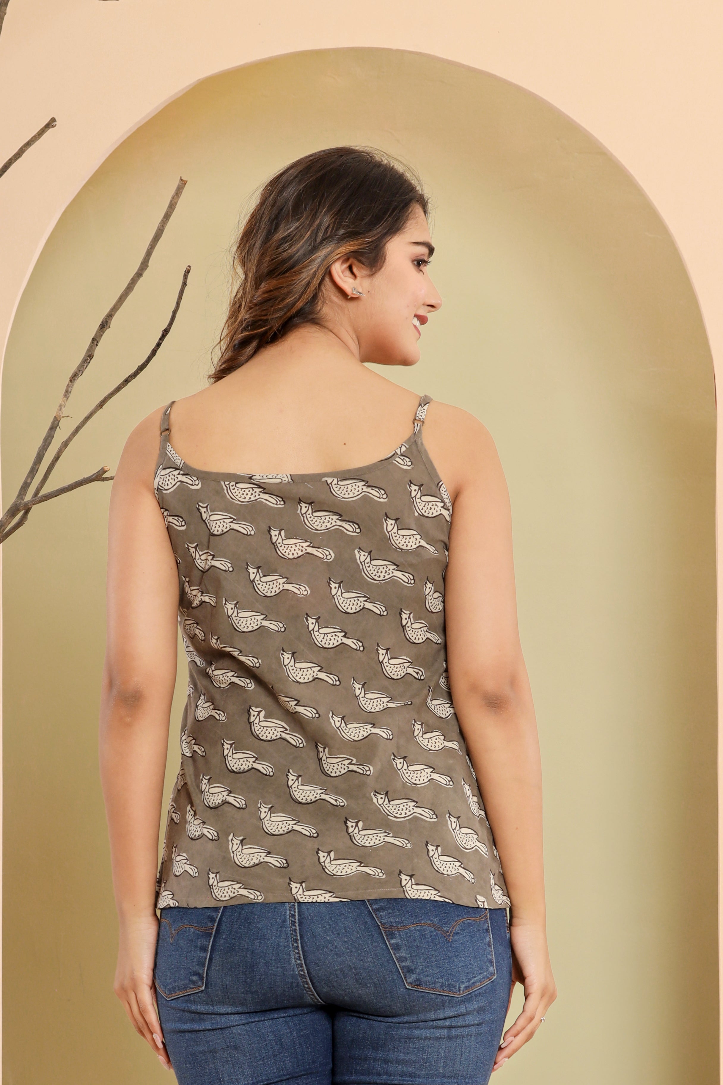 Kashish Grey Kingfisher Bird Womens Hand Block Printed Spaghetti Tops