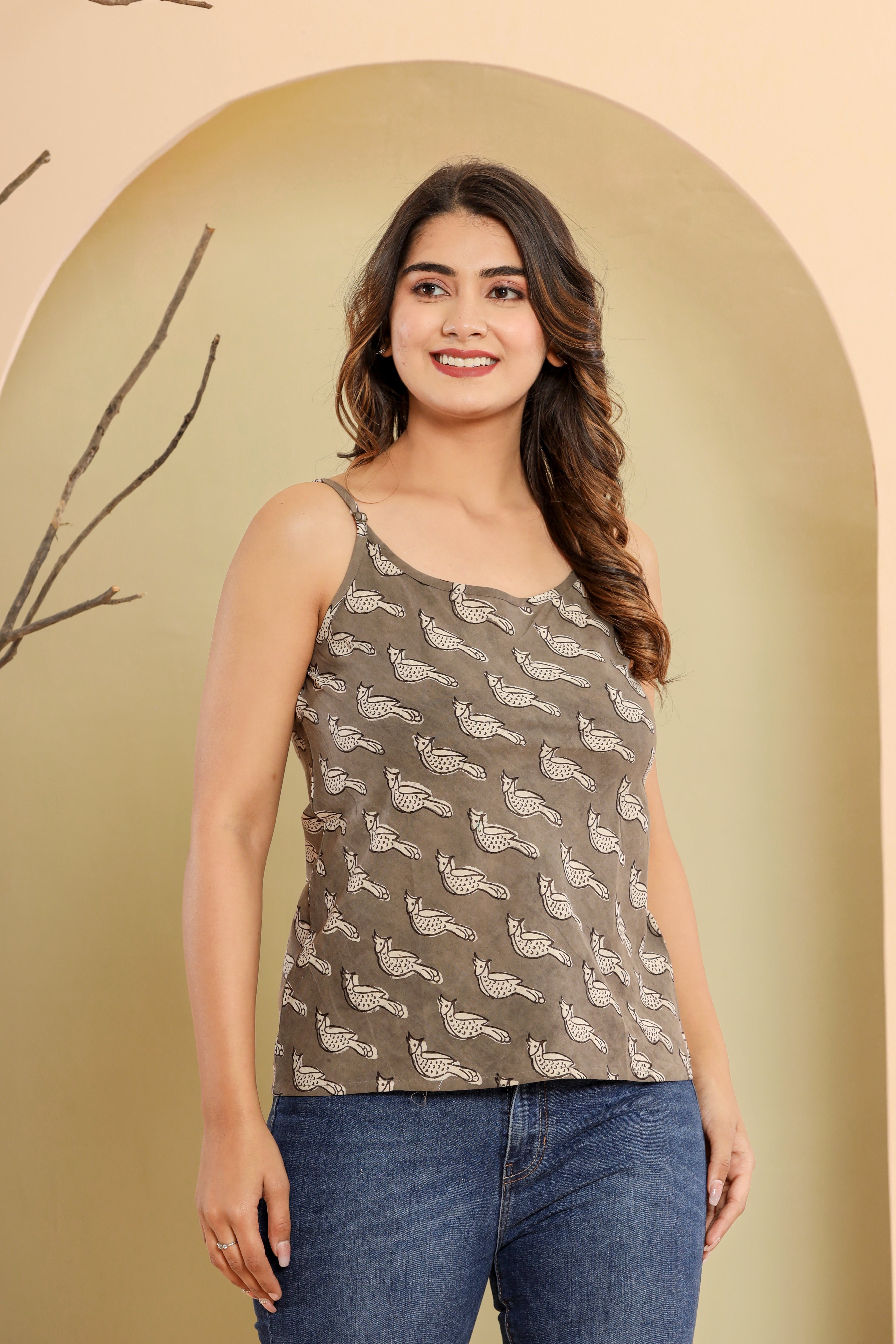 Kashish Grey Kingfisher Bird Womens Hand Block Printed Spaghetti Tops