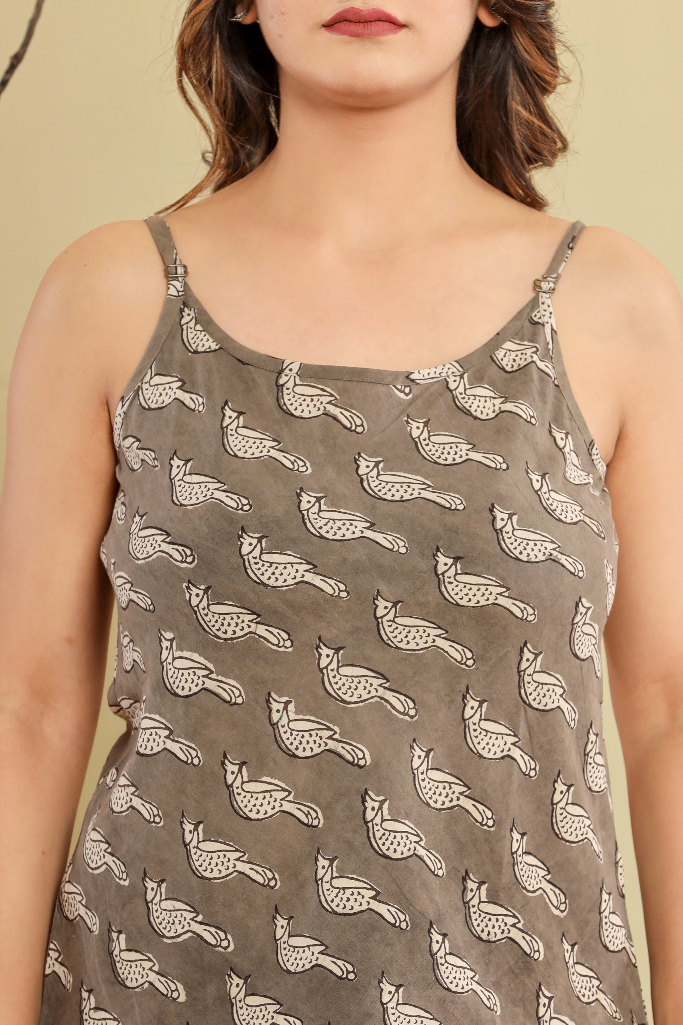 Kashish Grey Kingfisher Bird Womens Hand Block Printed Spaghetti Tops