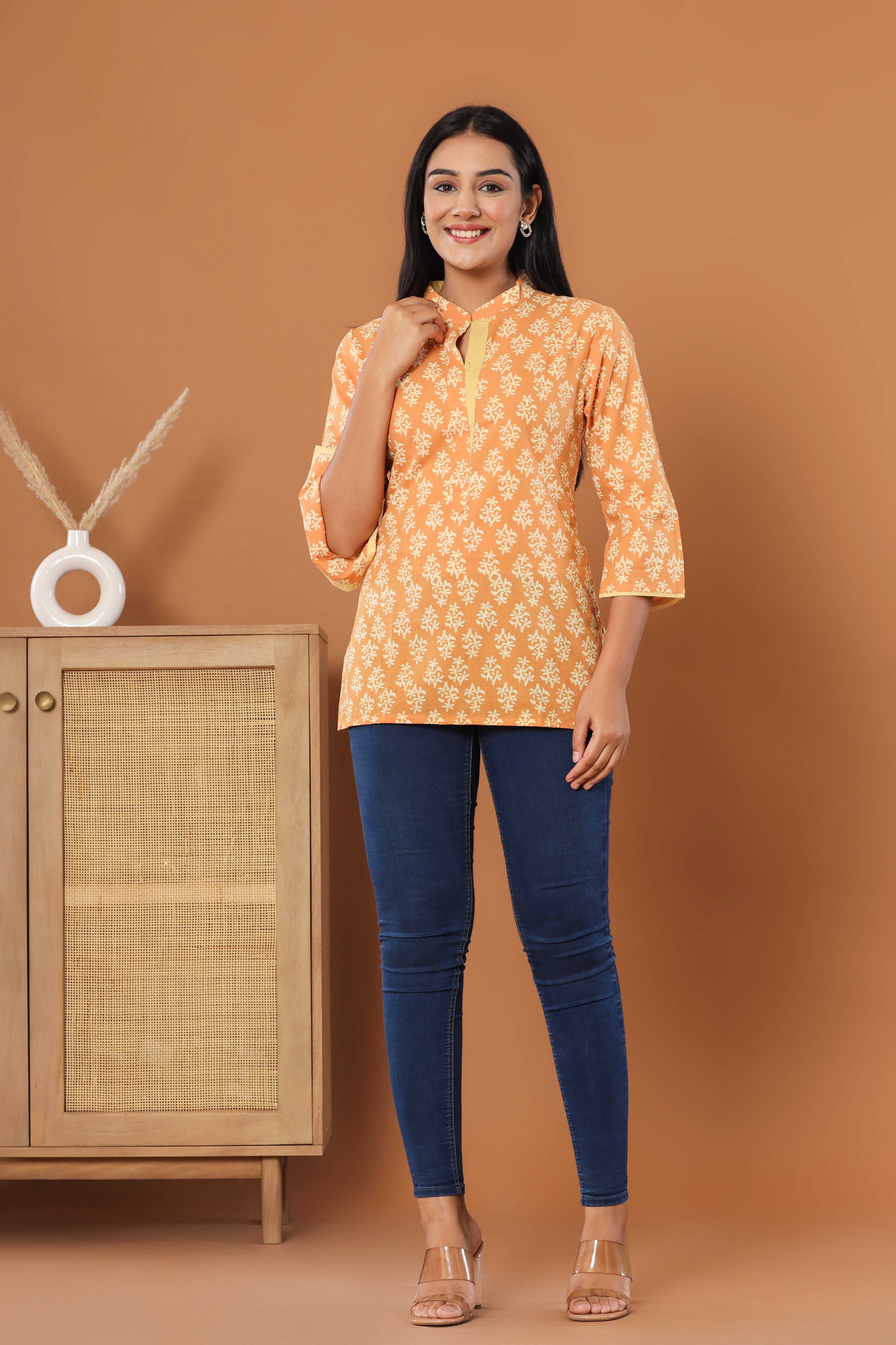 Sunset Yellow Booti Womens Hand Block Printed Tops