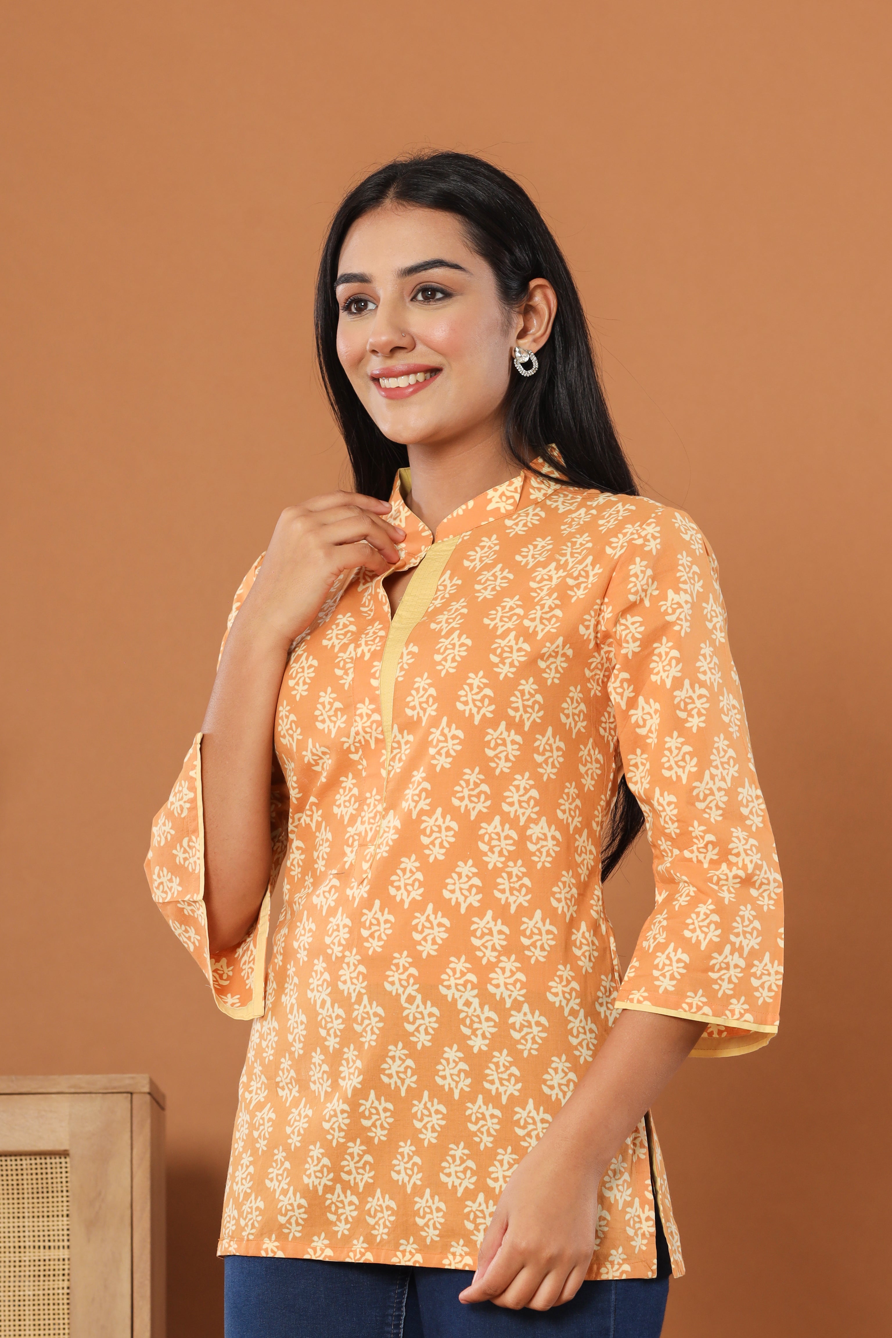 Sunset Yellow Booti Womens Hand Block Printed Tops