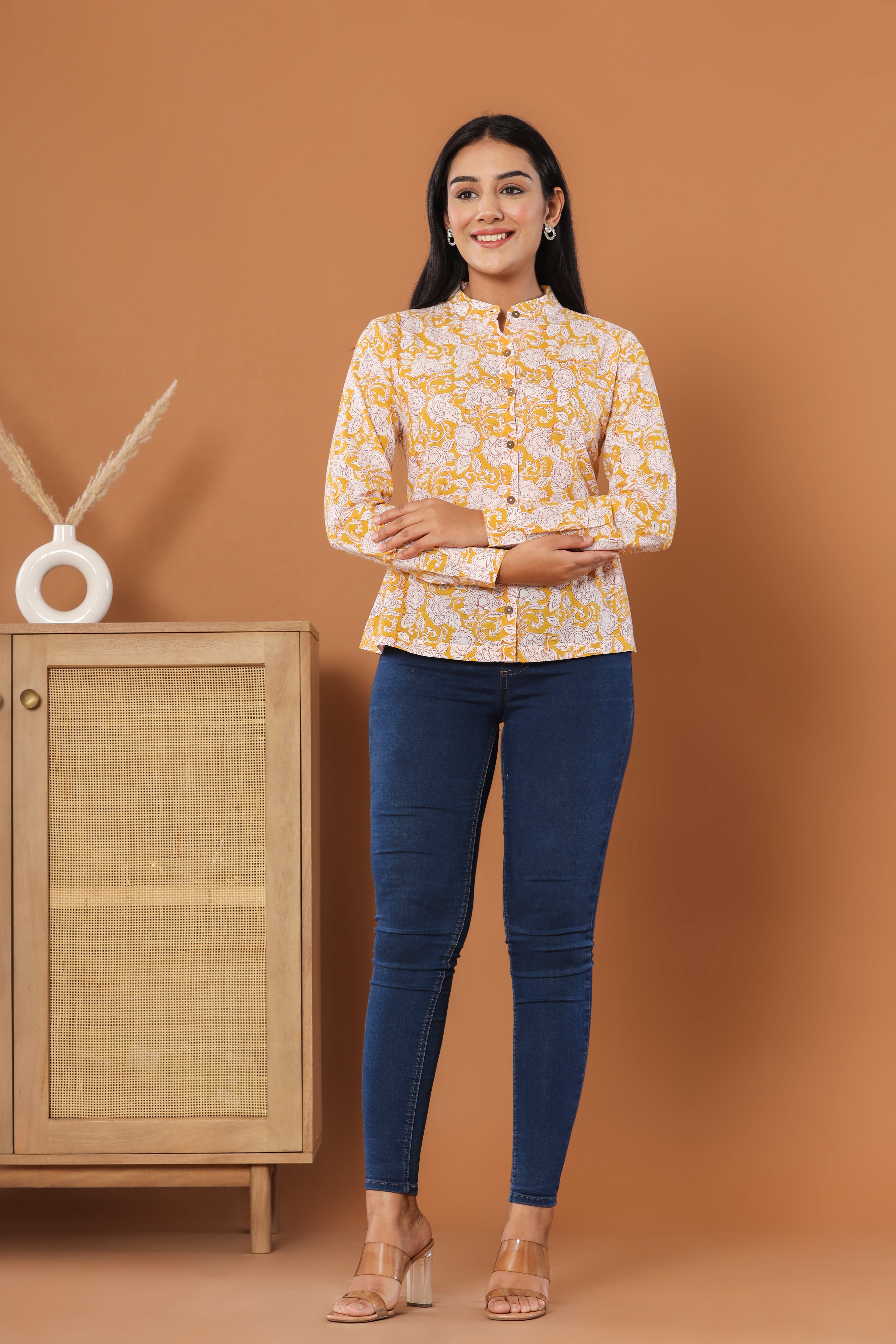 Yellow Phoolon Ka Baagh Womens Hand Block Printed Shirt Tops