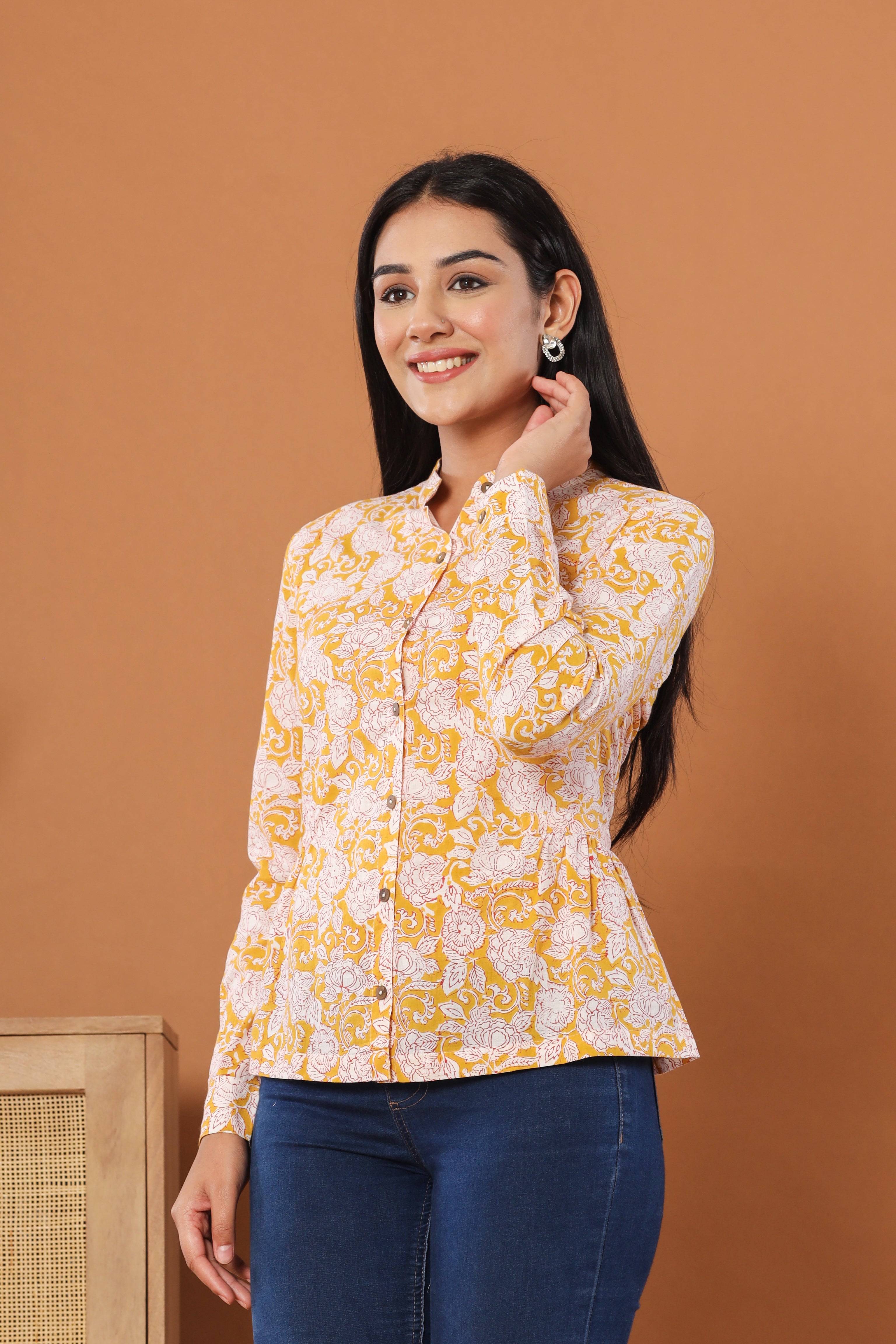 Yellow Phoolon Ka Baagh Womens Hand Block Printed Shirt Tops