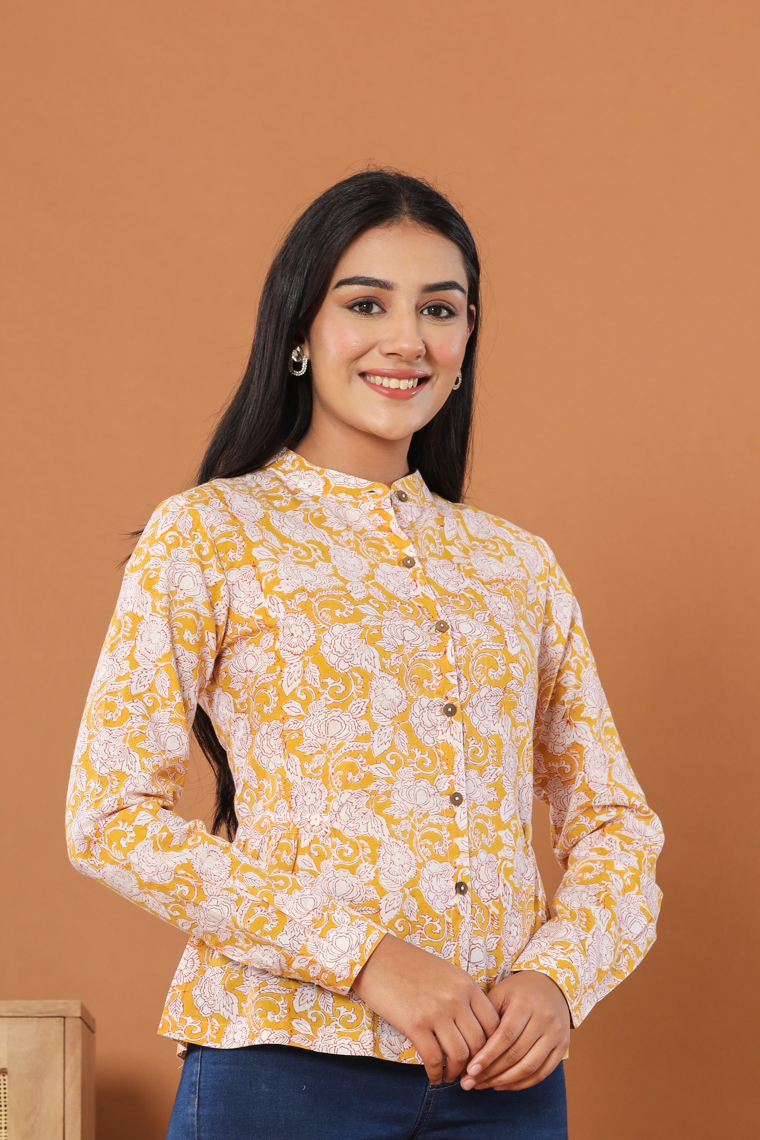 Yellow Phoolon Ka Baagh Womens Hand Block Printed Shirt Tops