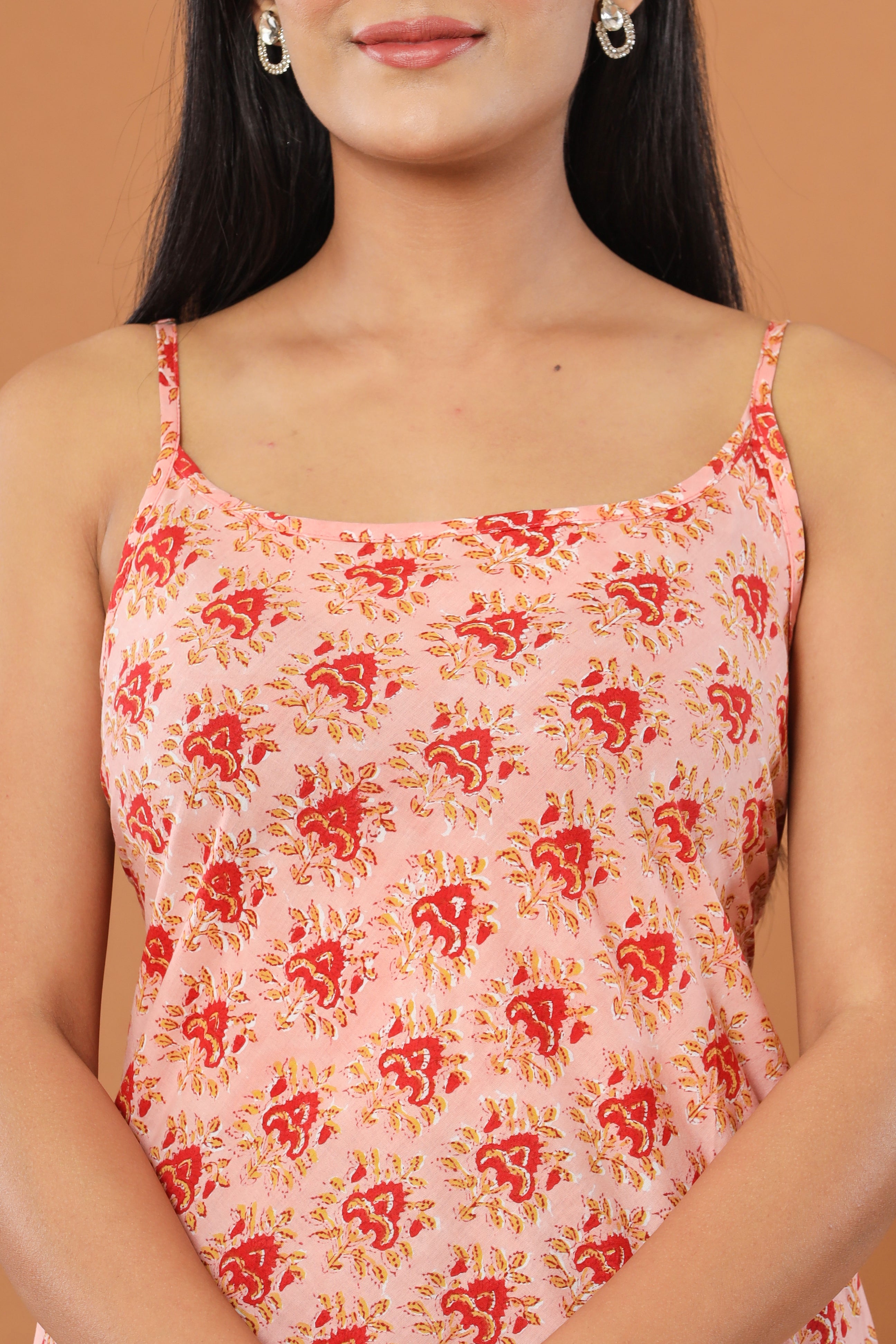 Pink Bouquet Flower Womens Hand Block Printed Spaghetti Tops