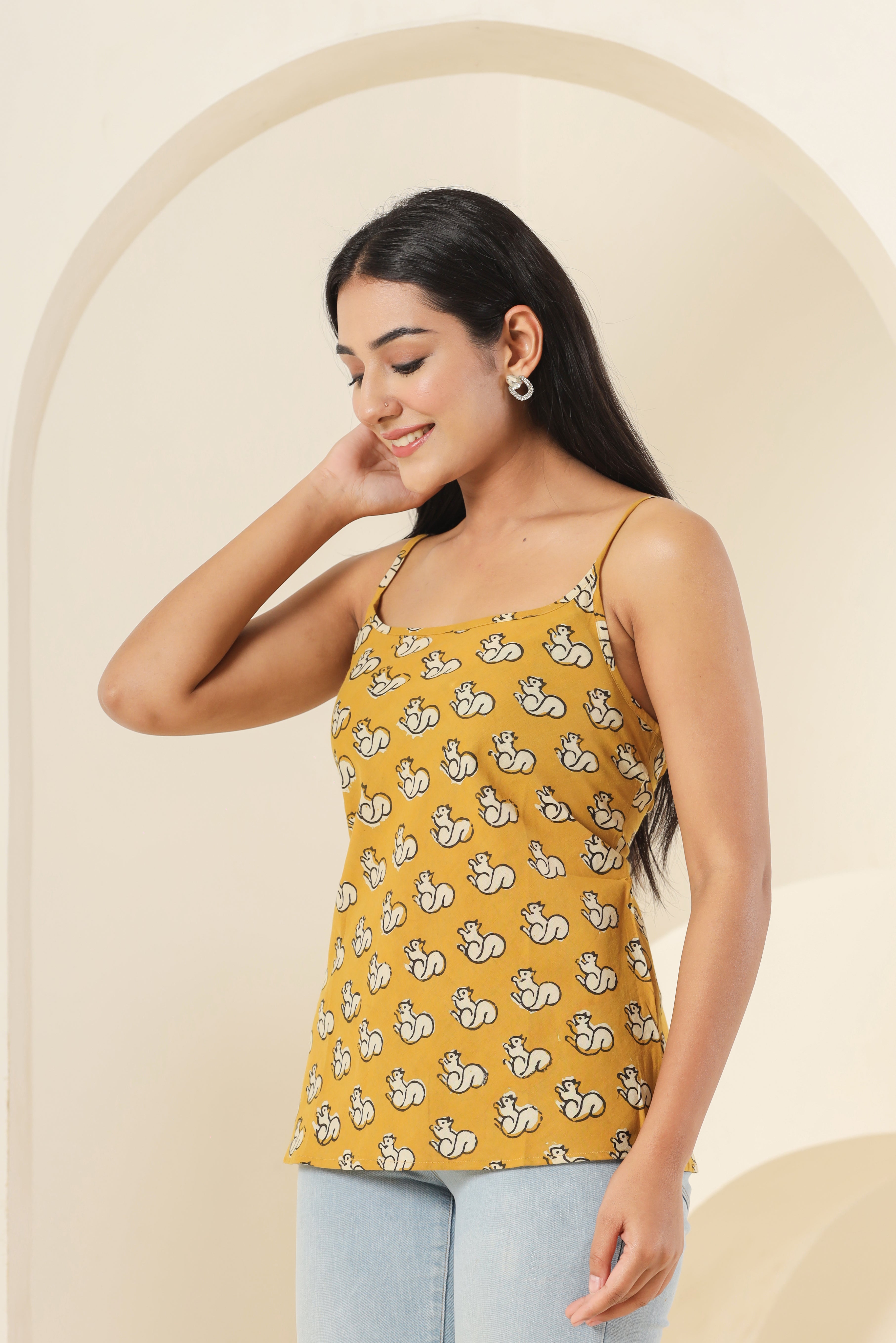 Bagru Yellow Gilharee Womens Hand Block Printed Spaghetti Tops