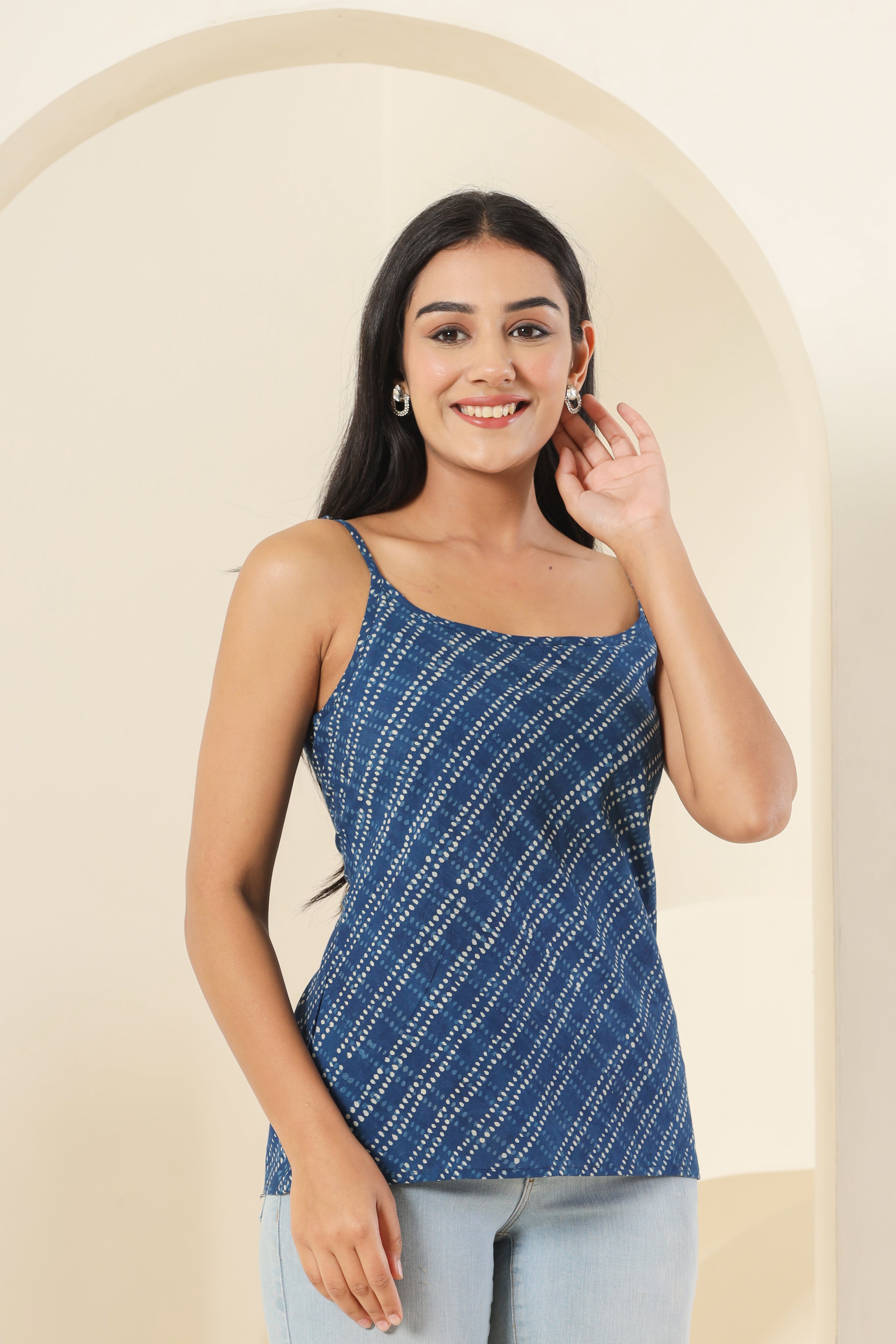 Indigo Railway Track Womens Hand Block Printed Spaghetti Tops