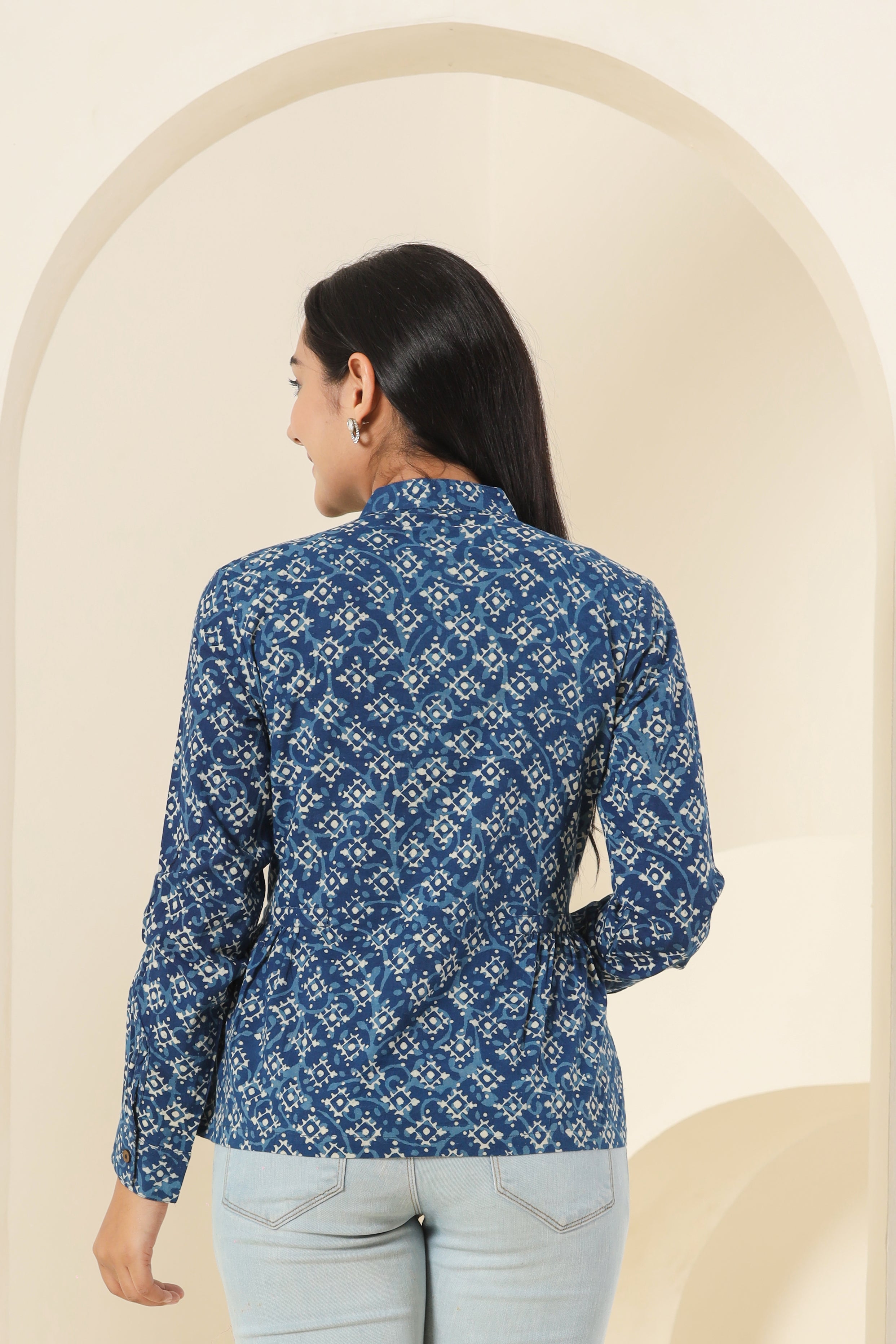 Geometric Indigo Womens Hand Block Printed Shirt Tops