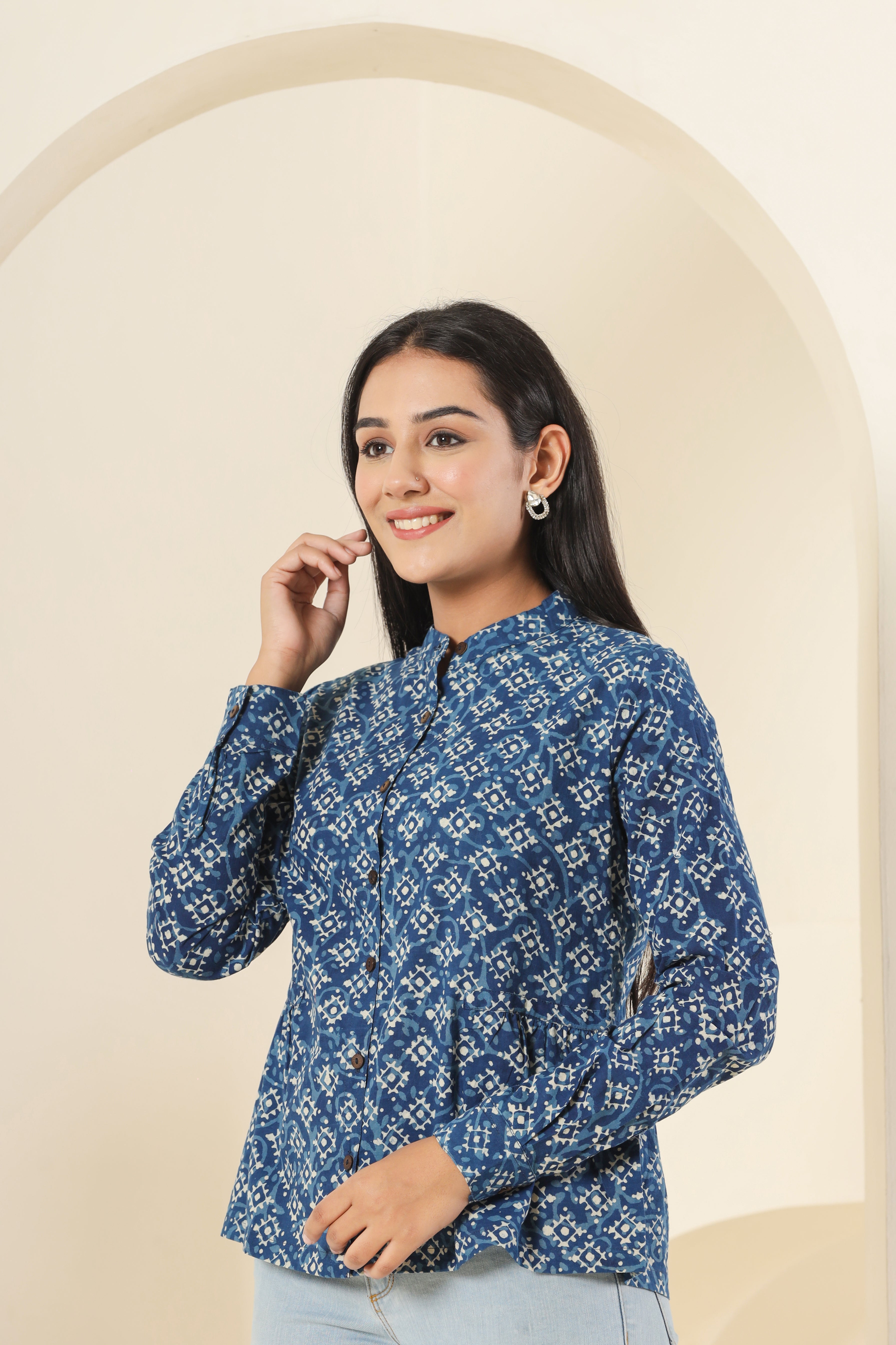 Geometric Indigo Womens Hand Block Printed Shirt Tops