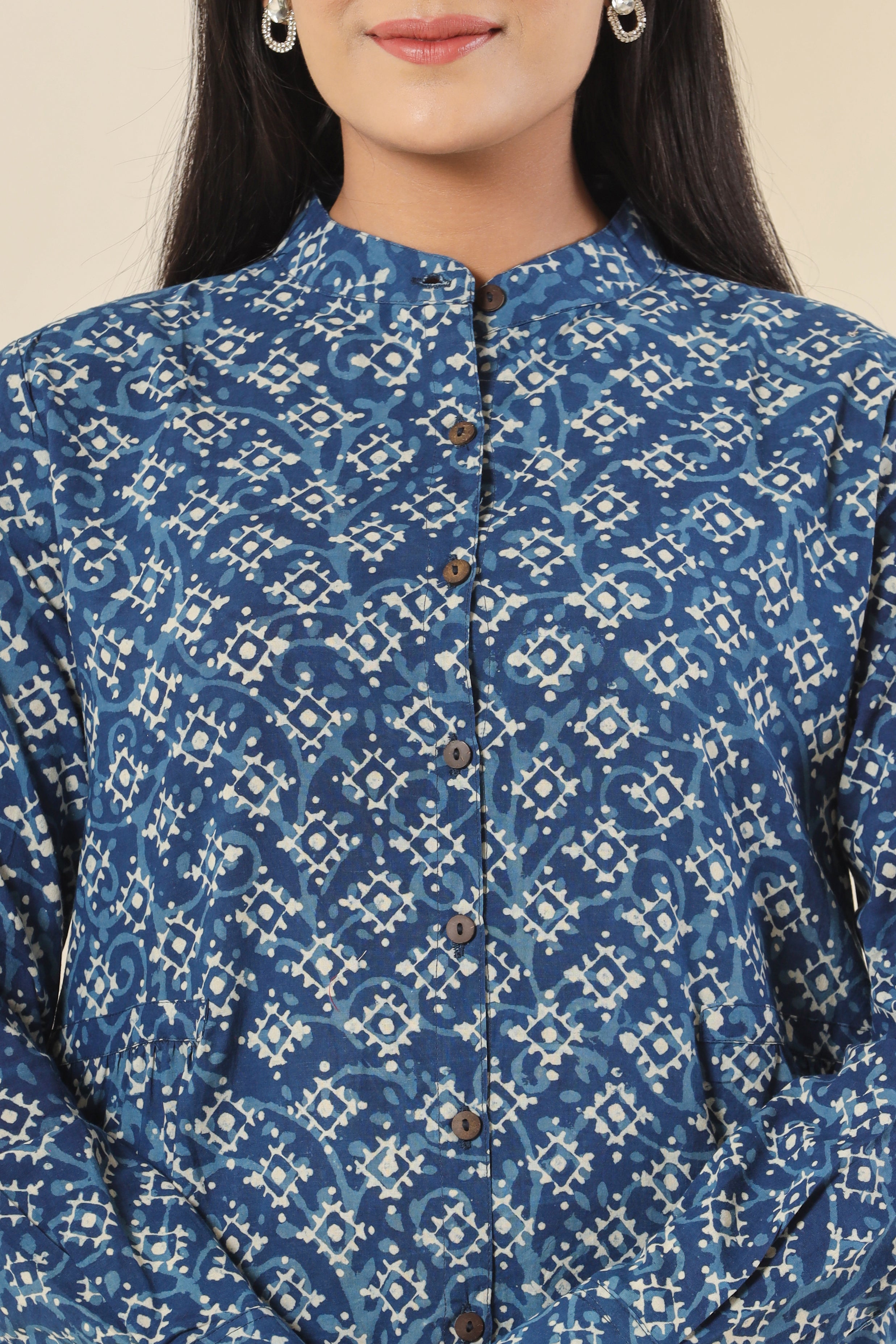 Geometric Indigo Womens Hand Block Printed Shirt Tops