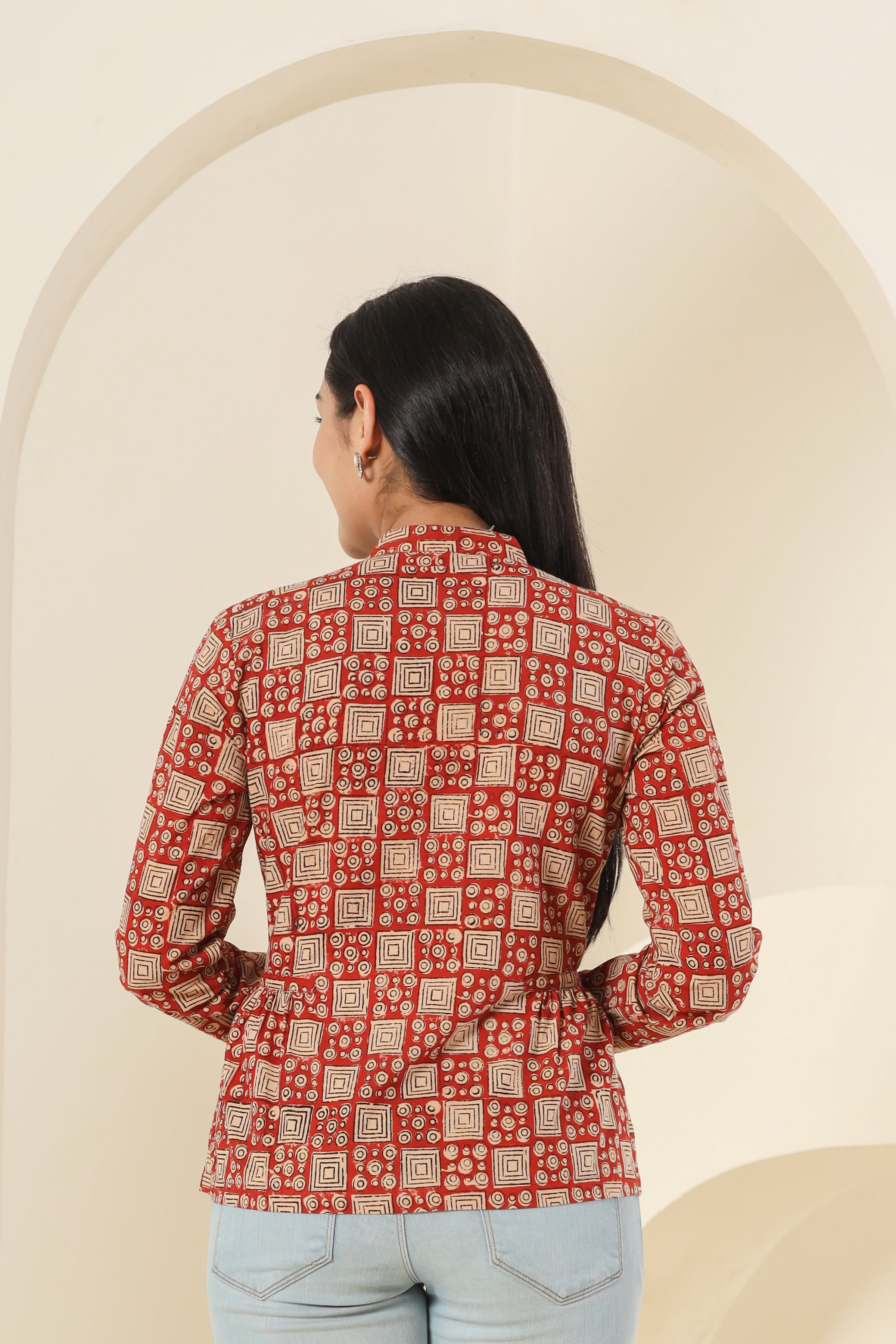 Bagru Red Concentric Squares Womens Hand Block Printed Shirt Tops