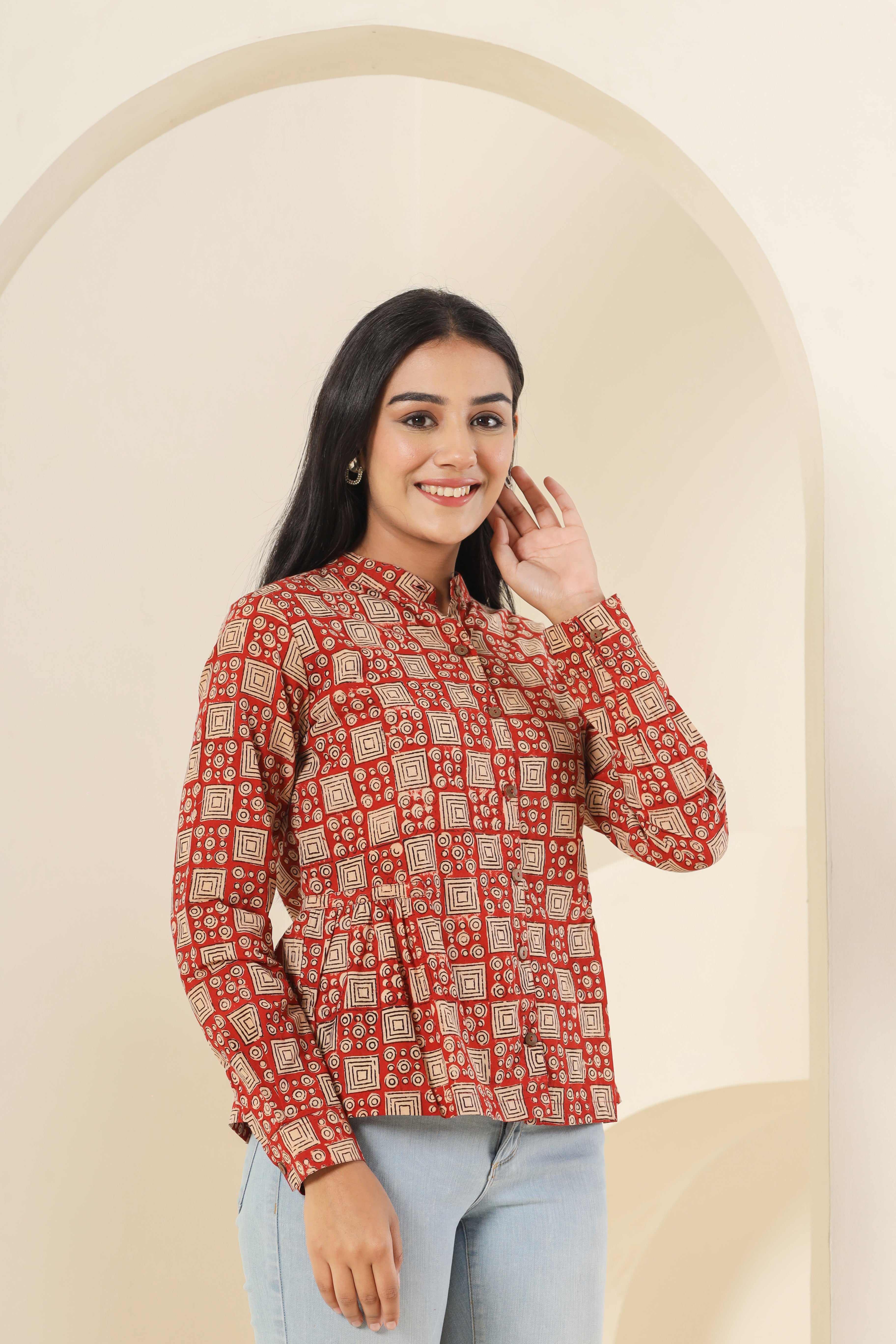 Bagru Red Concentric Squares Womens Hand Block Printed Shirt Tops