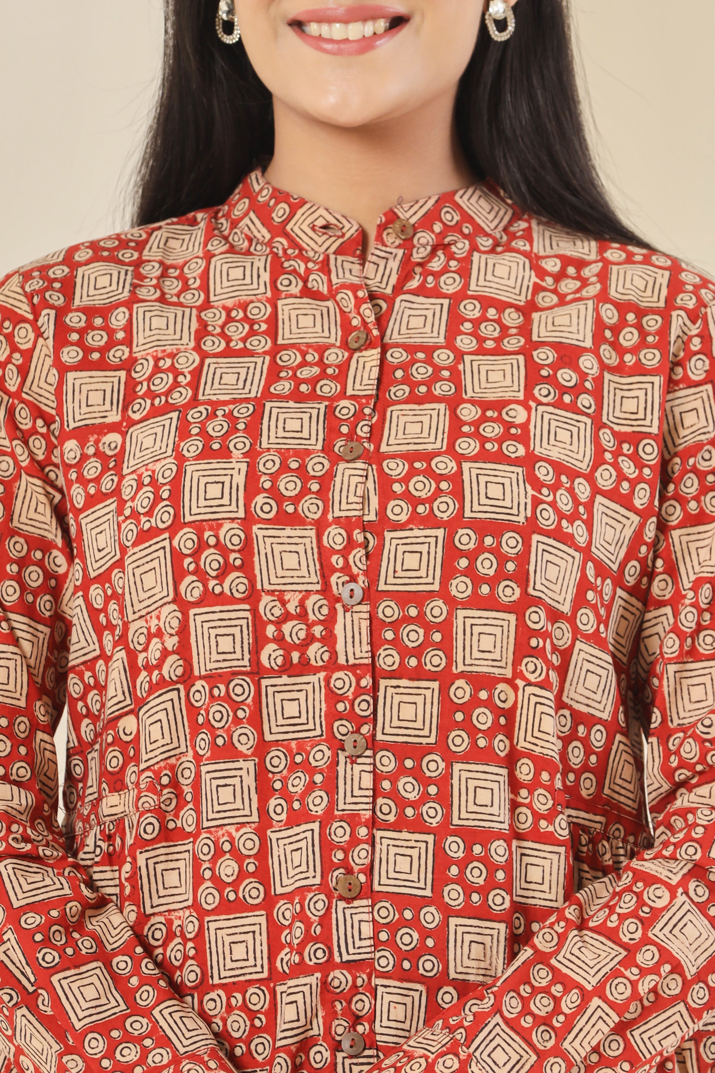 Bagru Red Concentric Squares Womens Hand Block Printed Shirt Tops