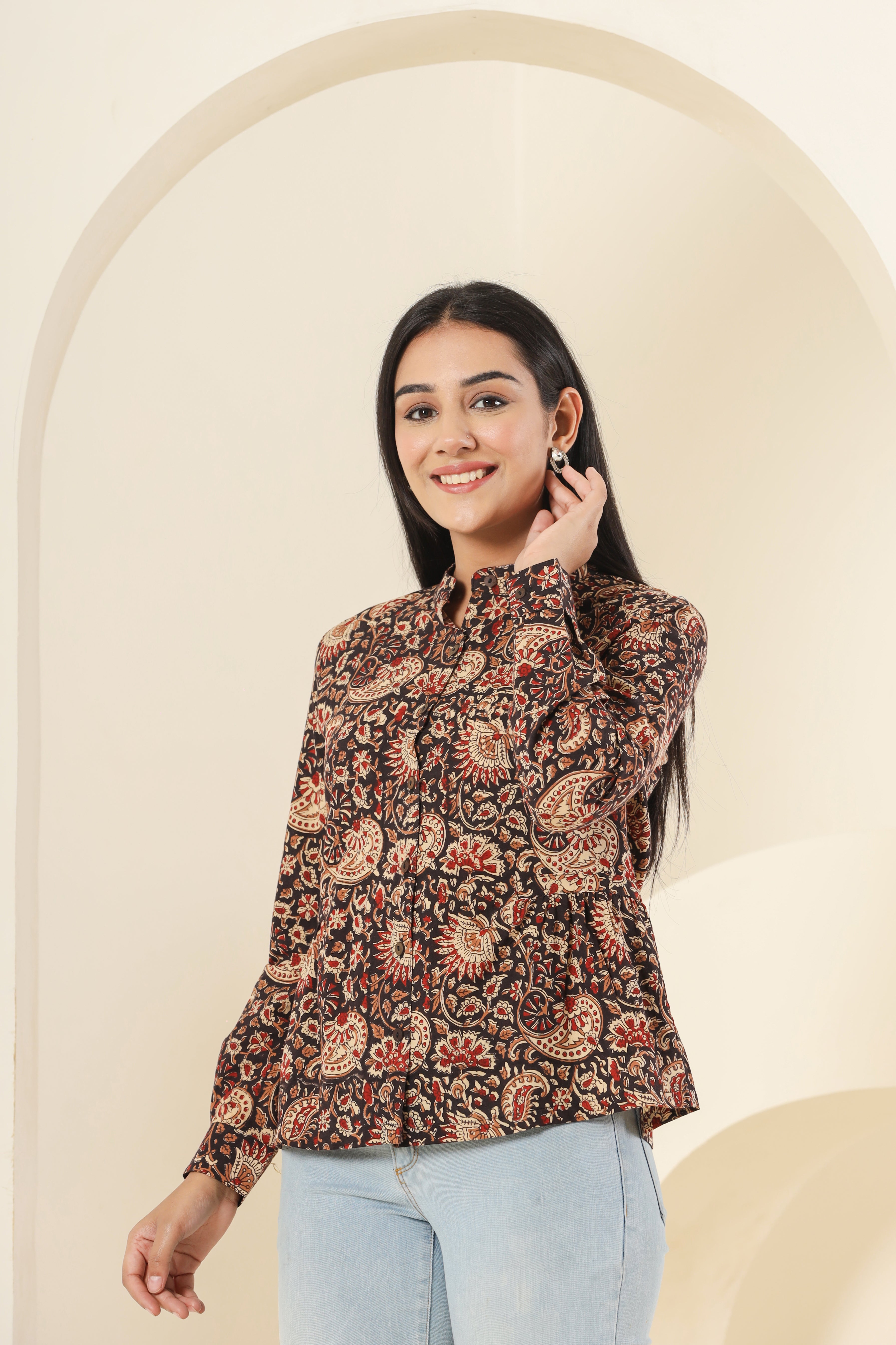 Bagru Black Kalamkari Womens Hand Block Printed Shirt Tops