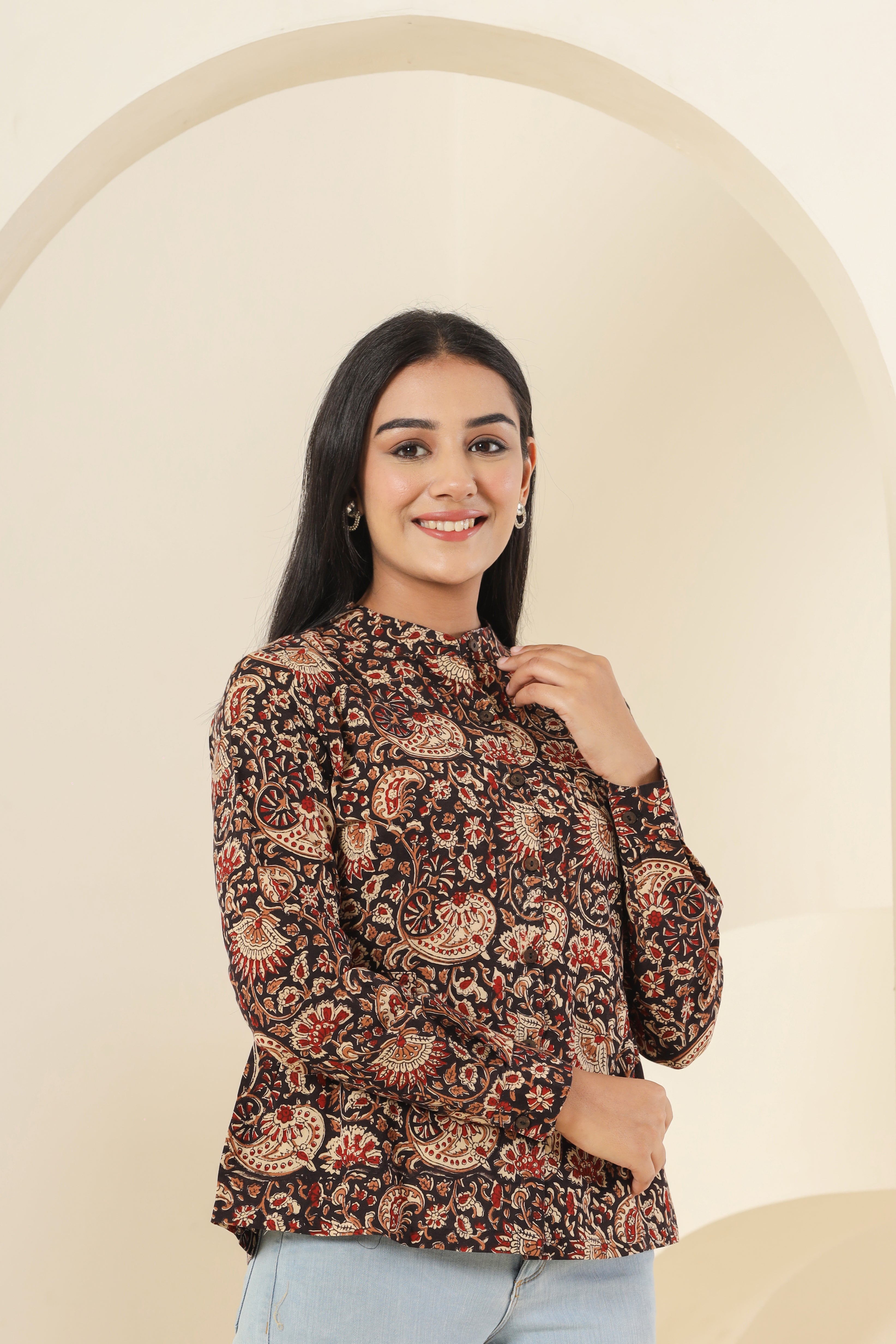 Bagru Black Kalamkari Womens Hand Block Printed Shirt Tops