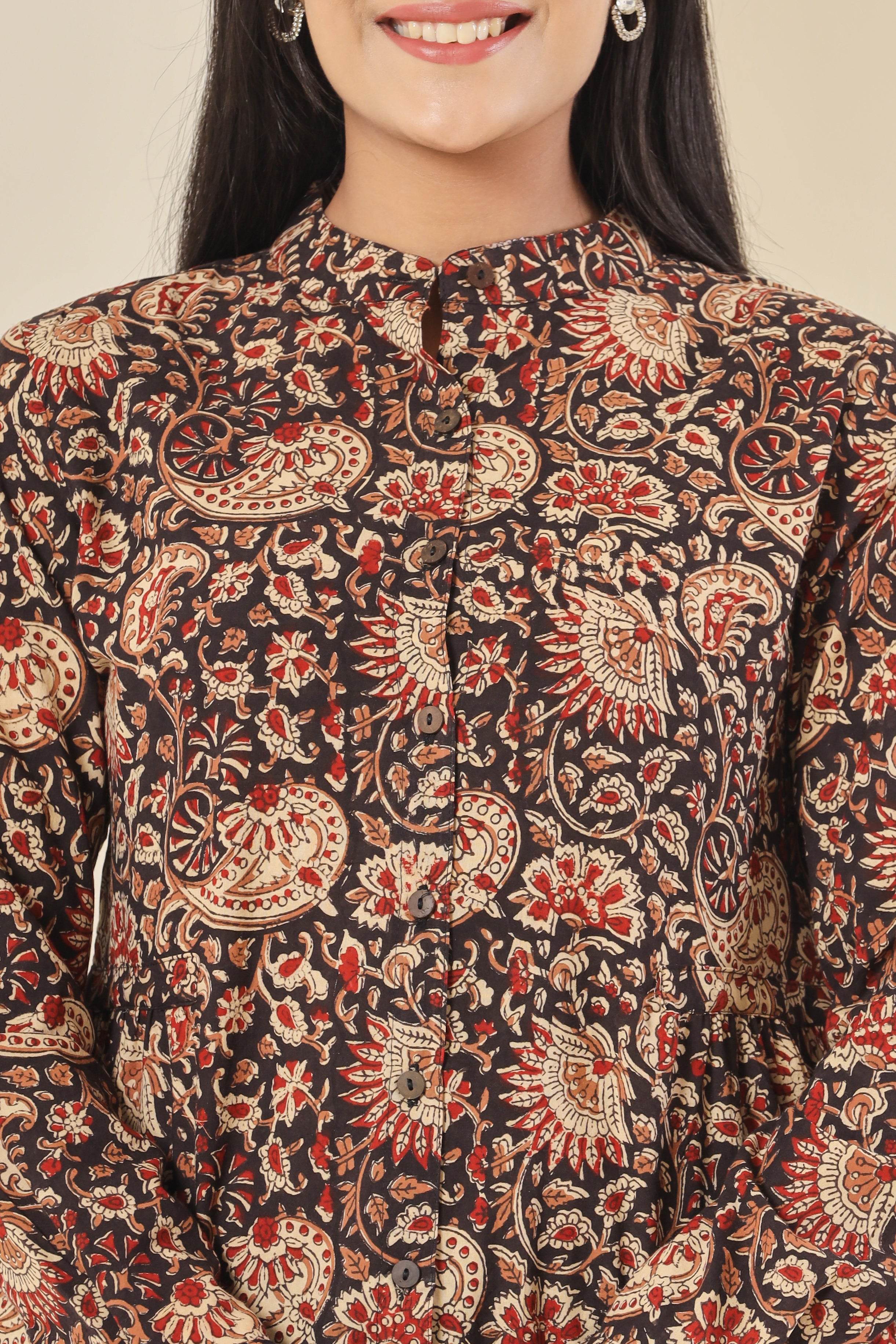 Bagru Black Kalamkari Womens Hand Block Printed Shirt Tops