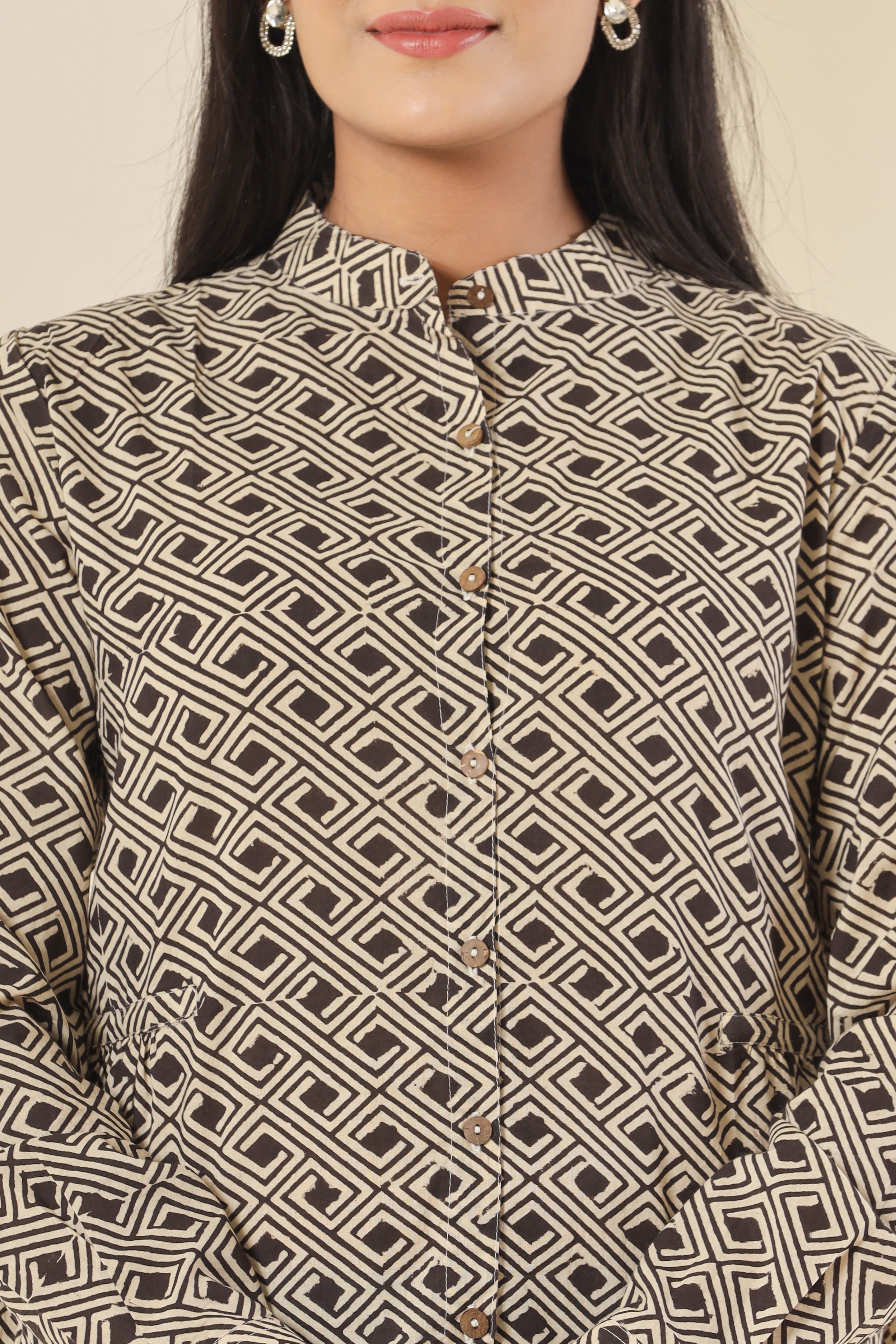 Bagru Black Tessellate Womens Hand Block Printed Shirt Tops