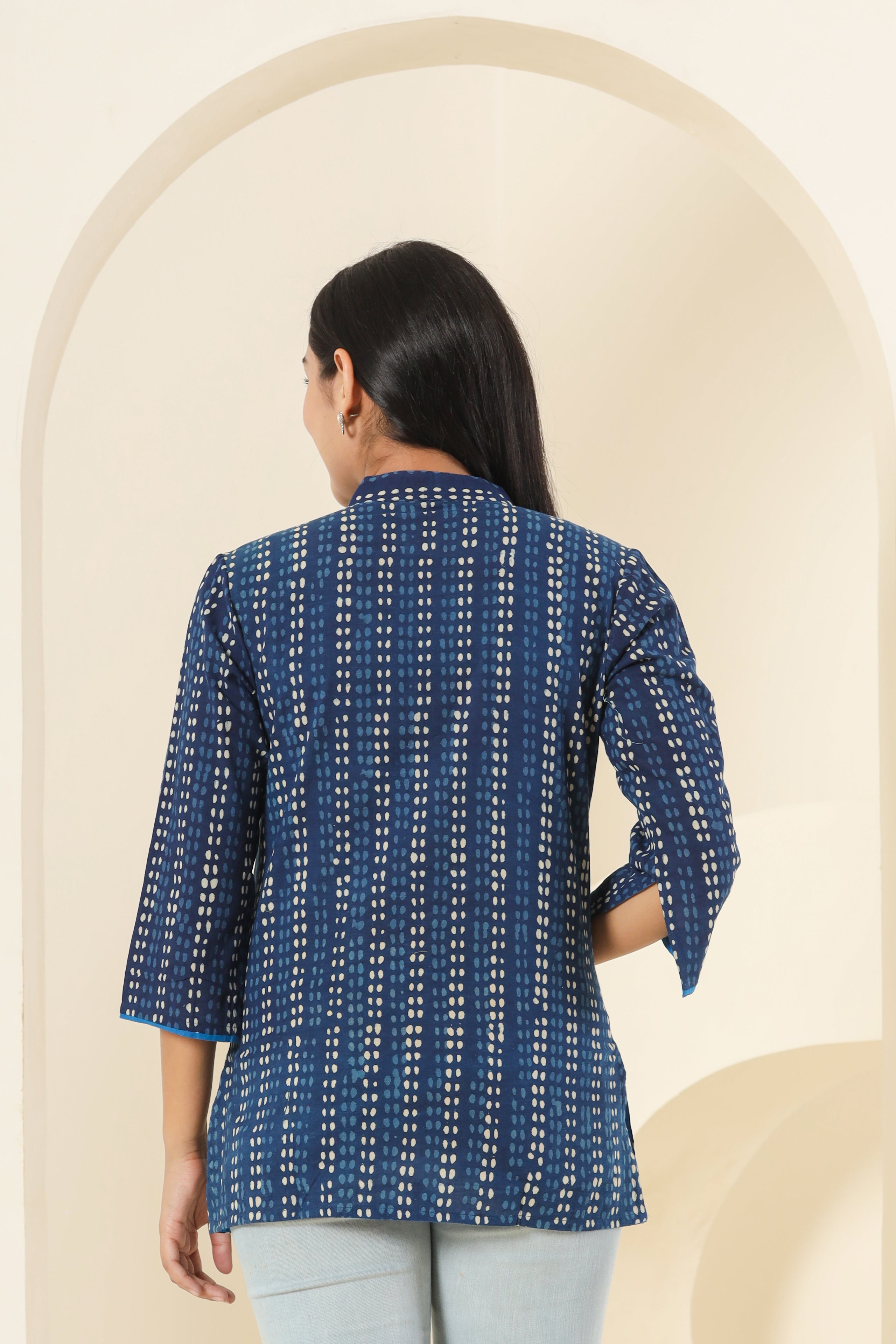 Indigo Dotted Line Womens Hand Block Printed Tops