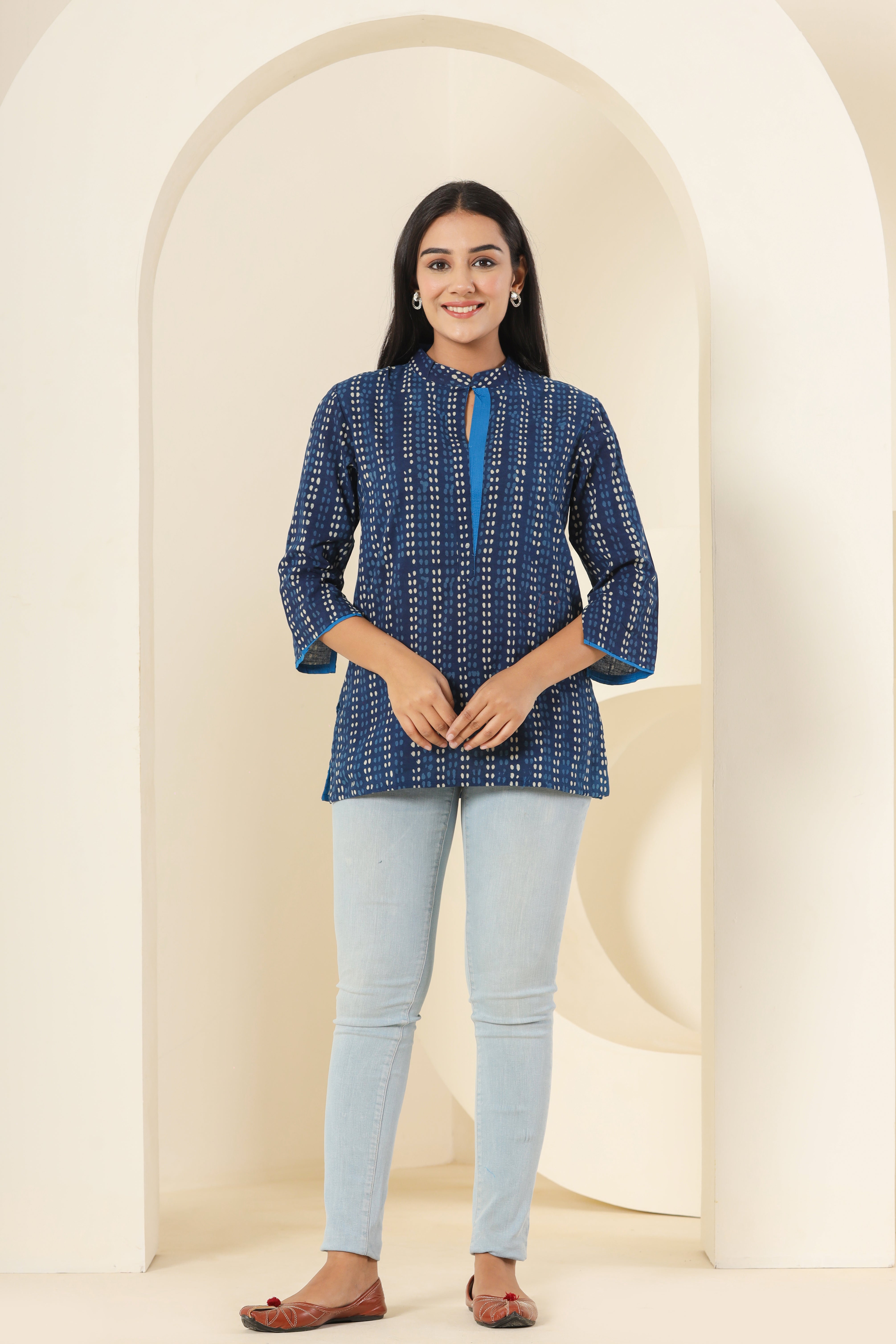 Indigo Dotted Line Womens Hand Block Printed Tops