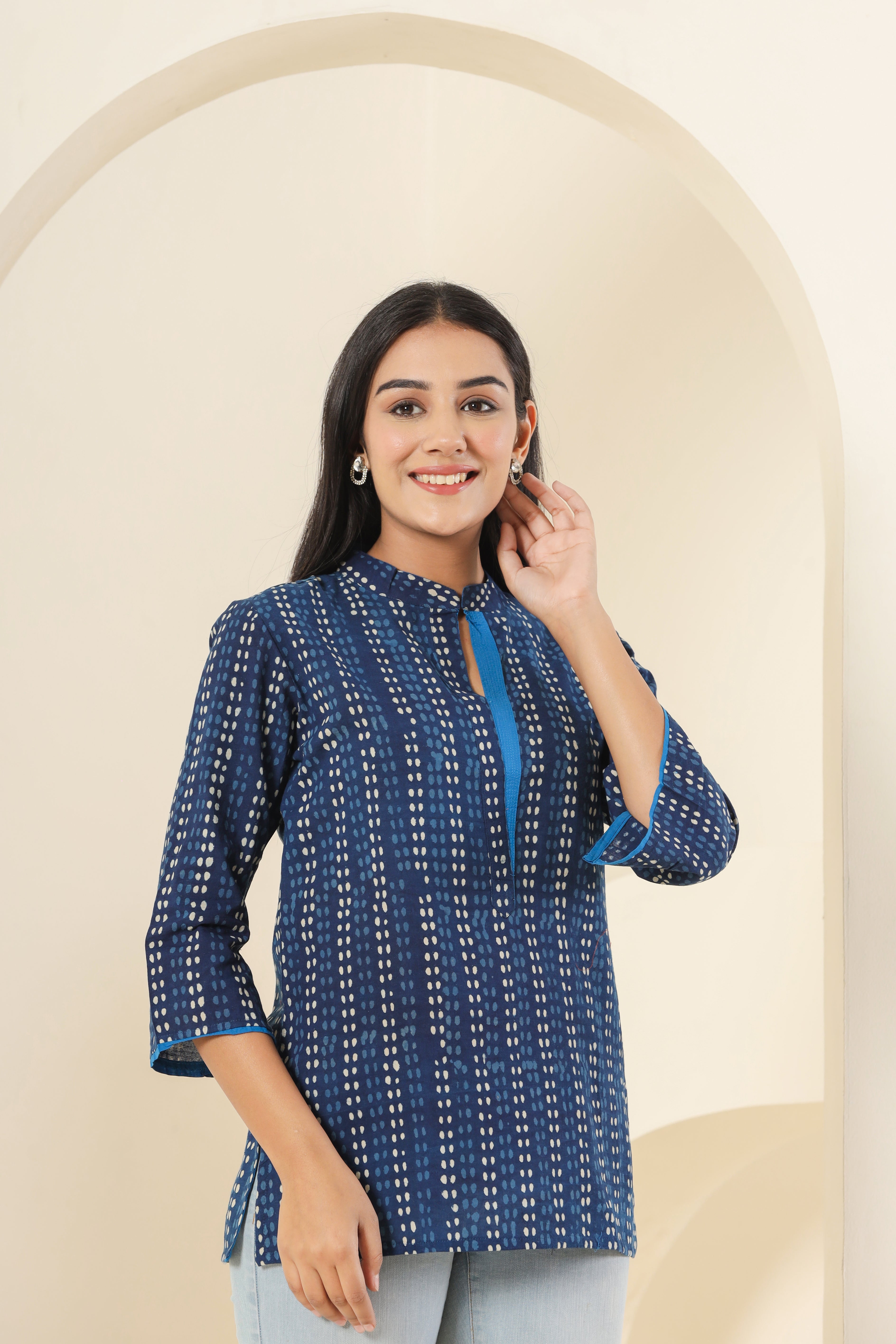 Indigo Dotted Line Womens Hand Block Printed Tops